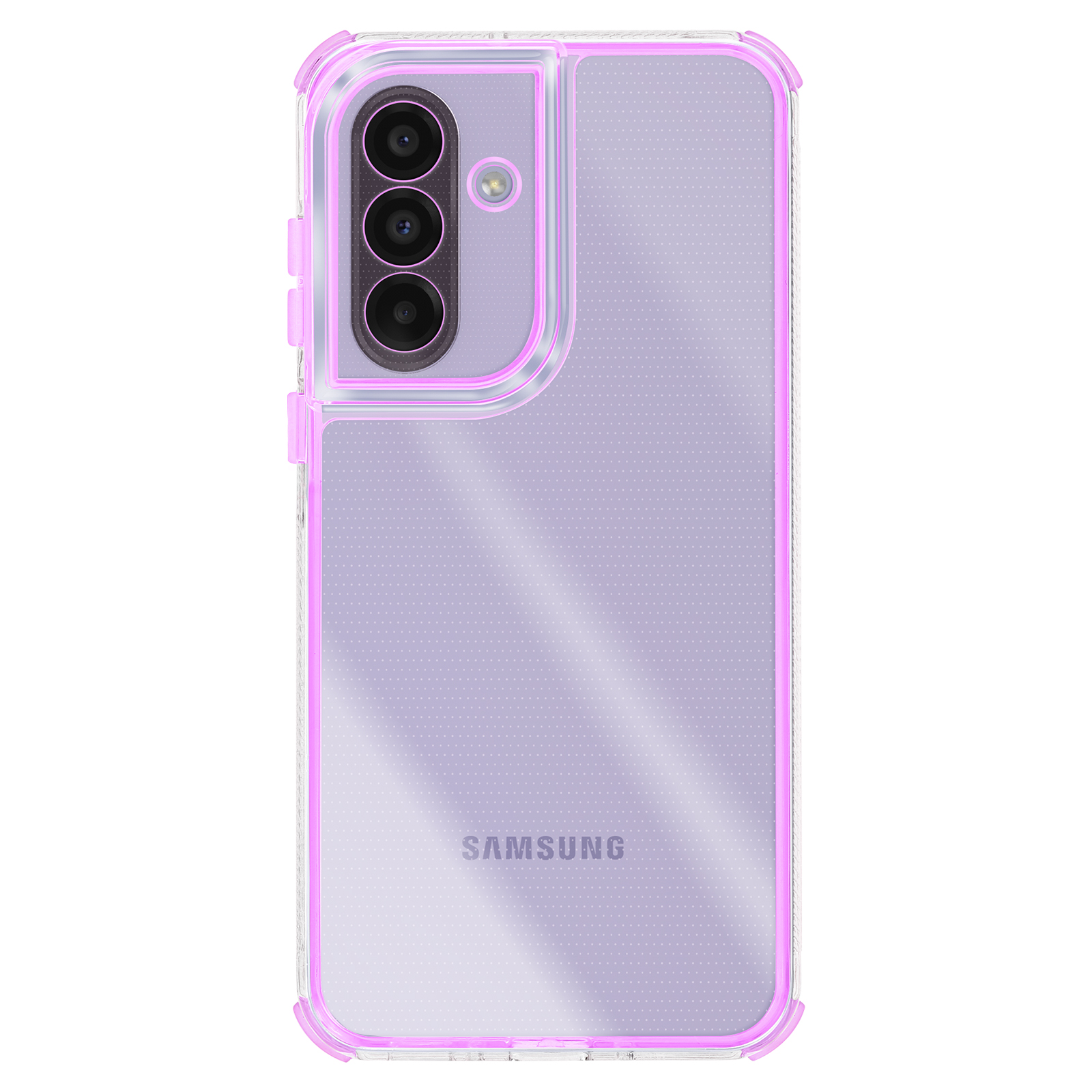 Een doorzichtige telefoonhoes met een lichtpaarse achterkant en een roze frame. Het heeft drie cameralenzen en het Samsung-logo.