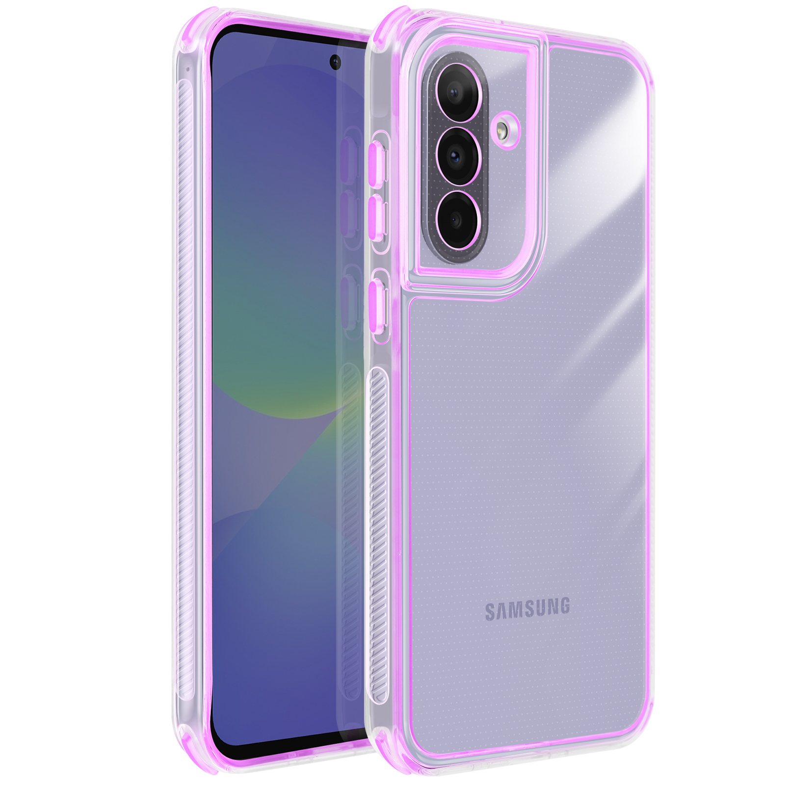 Transparante telefoonhoes met roze accenten, met een Samsung telefoon. Met camera, knoppen en het Samsung logo.