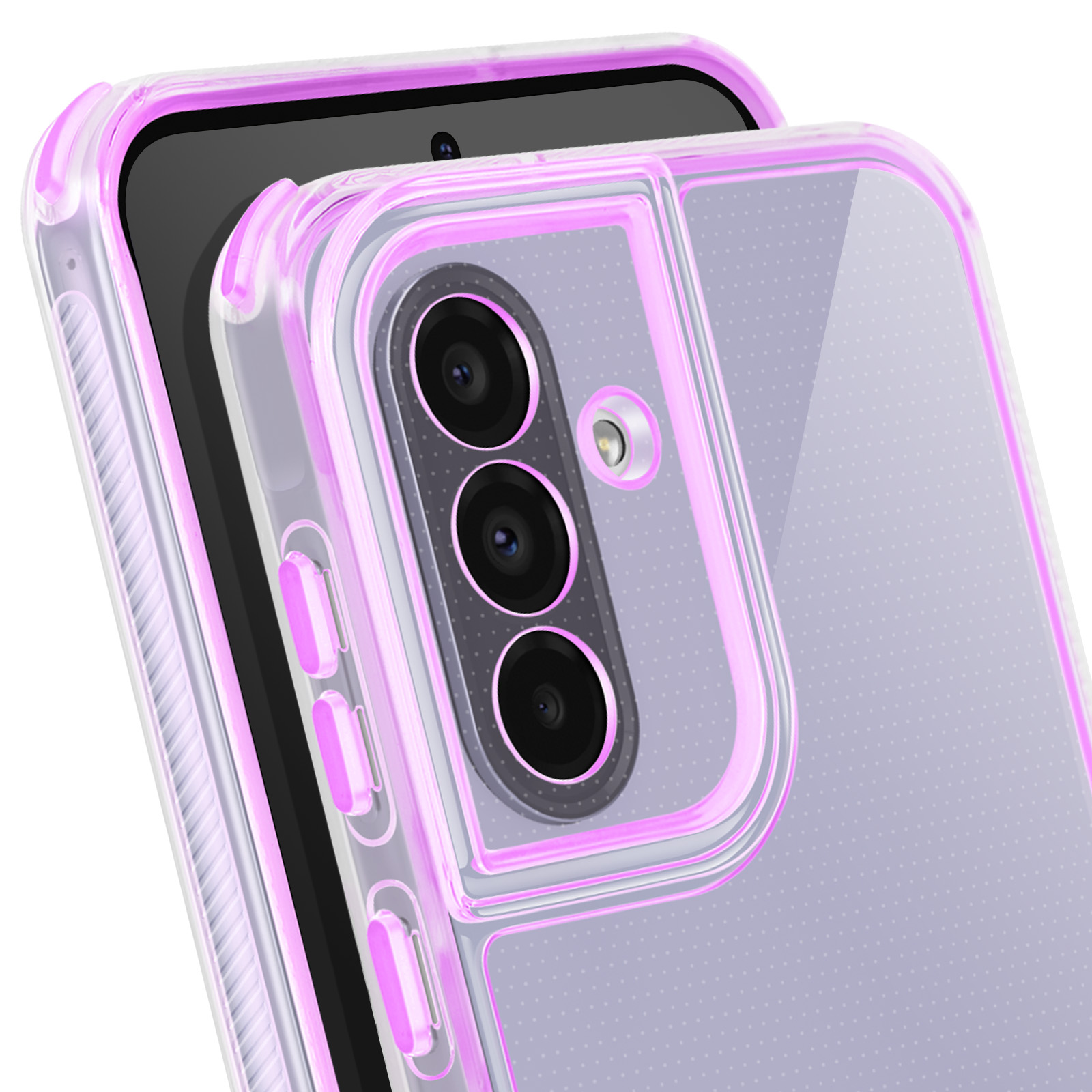 Transparante telefoonhoes met roze accenten. Het toont de cameramodule van de telefoon. De telefoon is zwart.