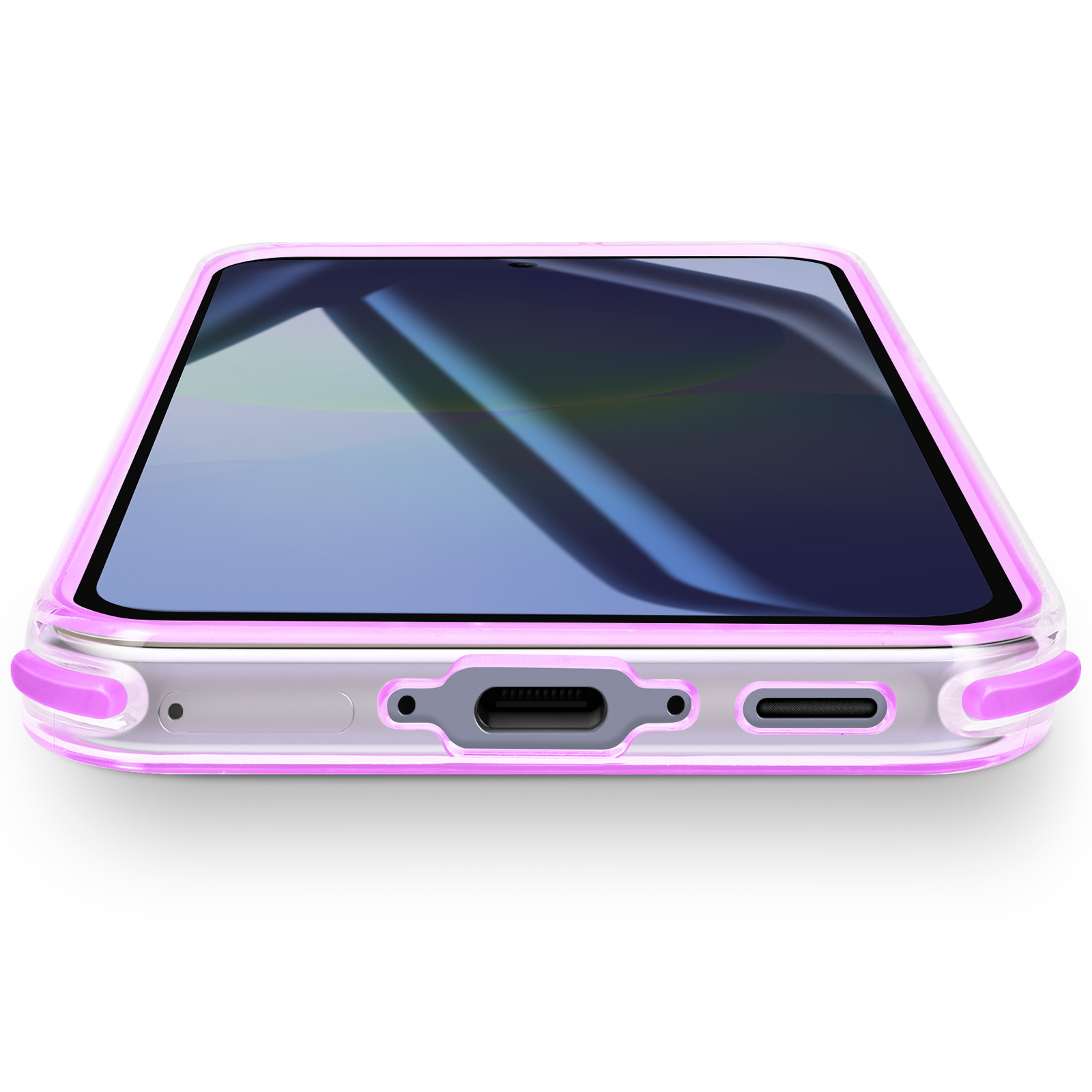 Een telefoon in een transparante hoes met een roze-paarse rand, onderaanzicht. Het scherm is zichtbaar. Witte achtergrond.