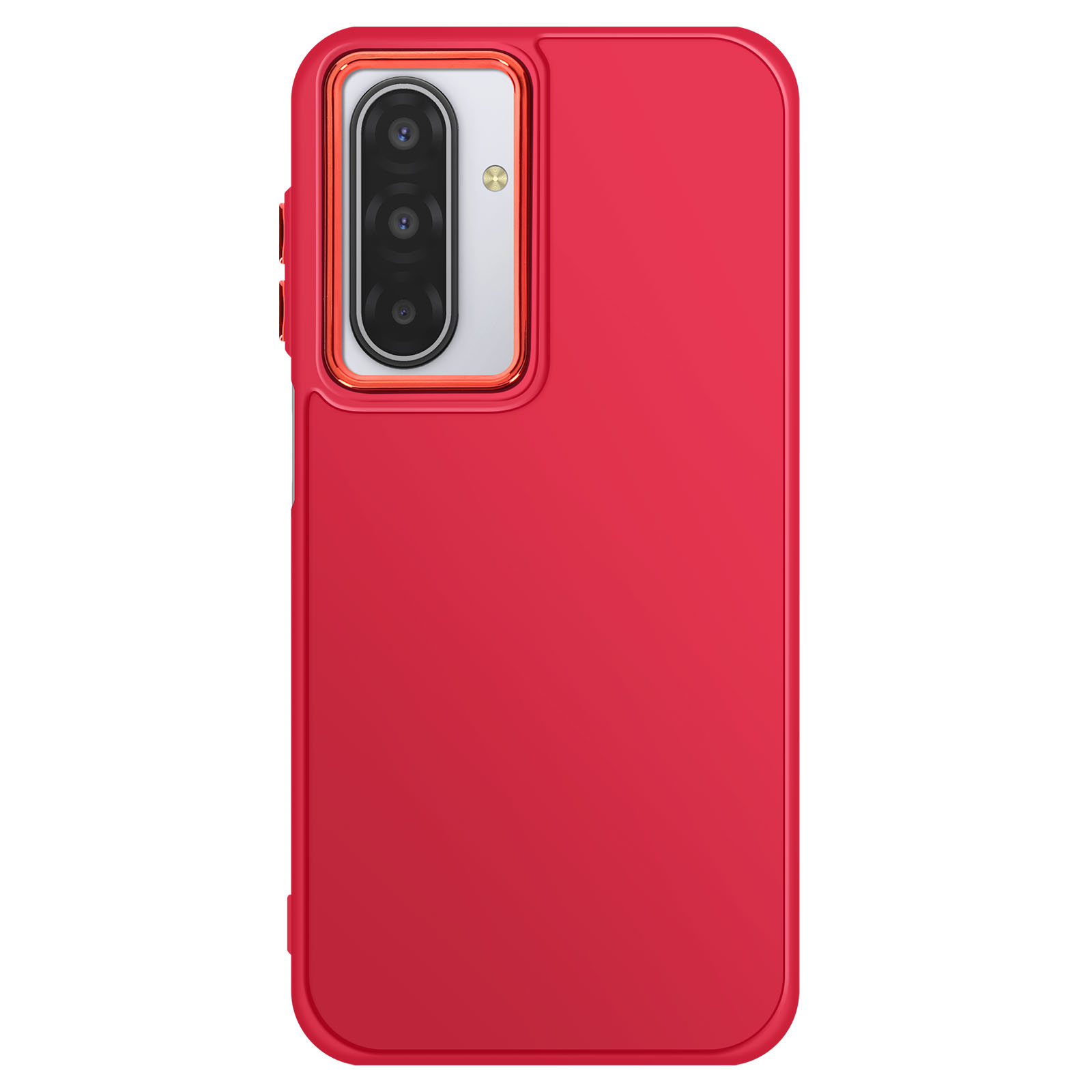 Una custodia rossa per telefono con un modulo fotocamera. Ha un'area bianca con tre fotocamere e un flash.