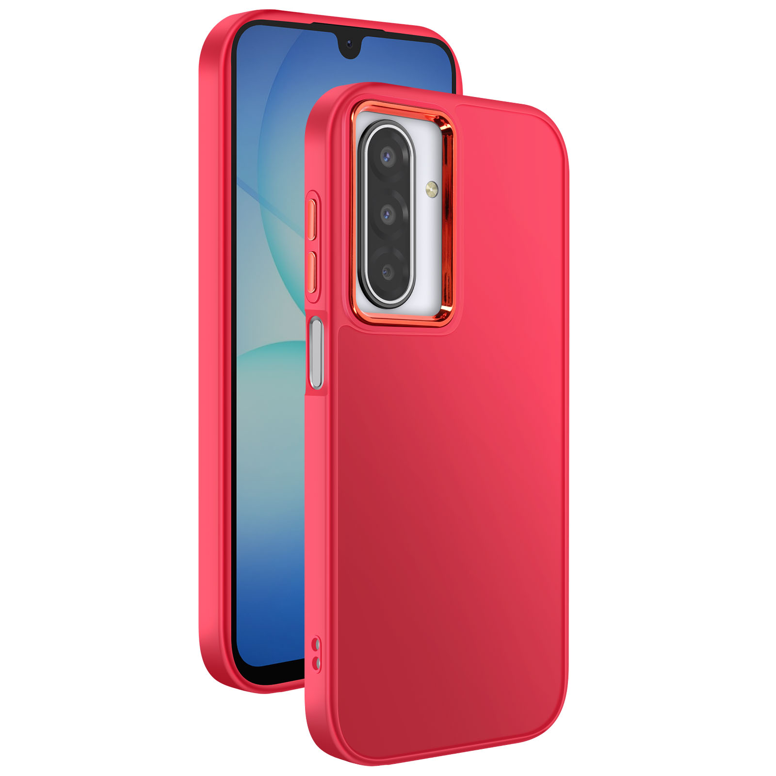 Una custodia rossa per telefono con un telefono all'interno. La custodia ha un foro per la fotocamera con bordo dorato.