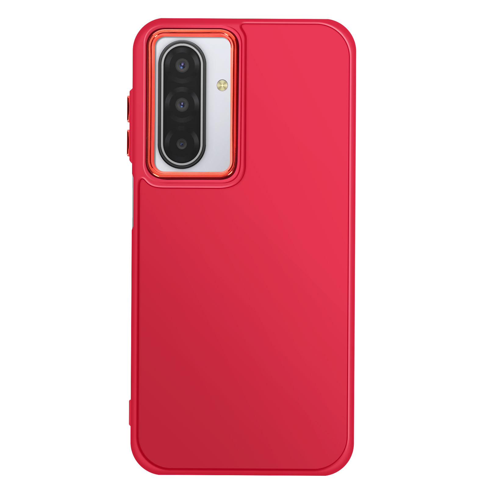 Custodia rossa per telefono con ritaglio per fotocamera. Ha una cornice argentata e sfondo bianco.