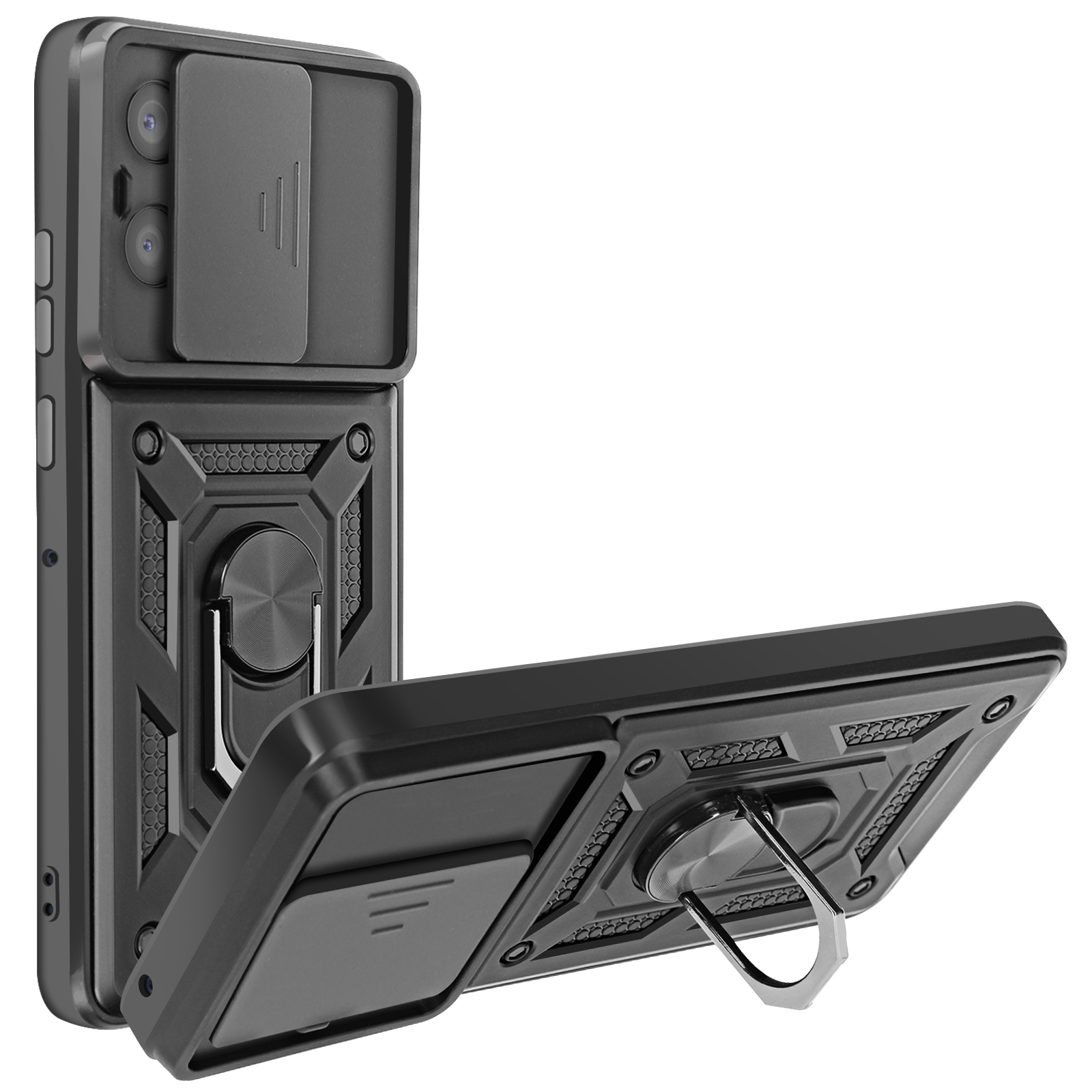 Custodia nera per telefono con copertura scorrevole per fotocamera e supporto ad anello. Design robusto.