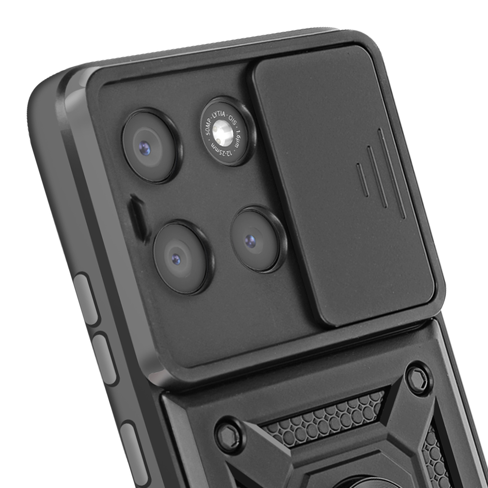 Primo piano di una custodia nera per telefono con più obiettivi, una copertura scorrevole e un design geometrico.