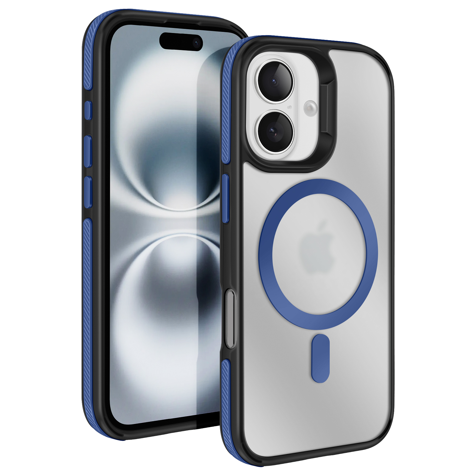 Un iPhone è in una custodia trasparente con finiture blu. La custodia ha un anello magnetico blu e un accento blu in basso.