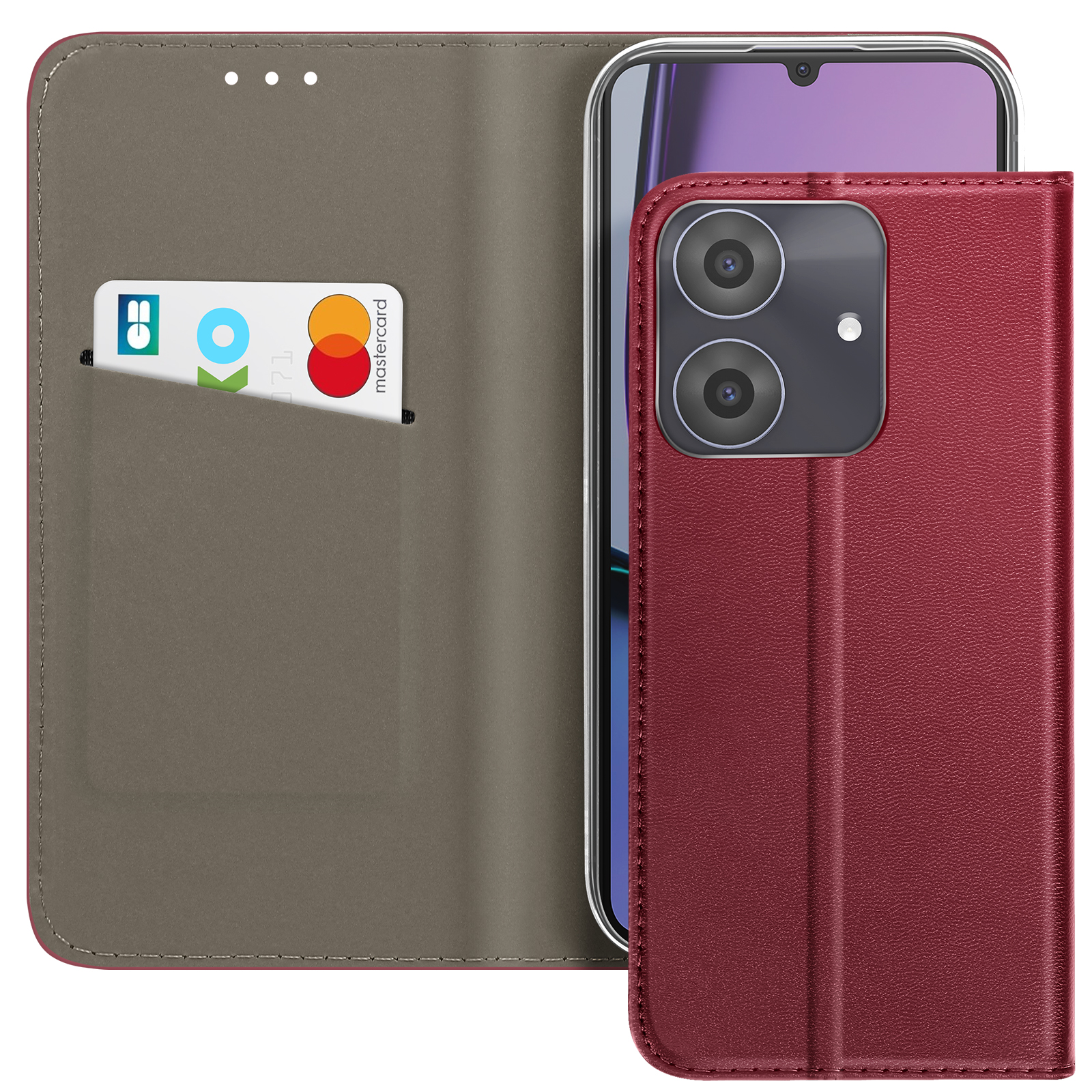 Una custodia bordeaux con telefono dentro, carta di credito in tasca e cornice argento intorno allo schermo.