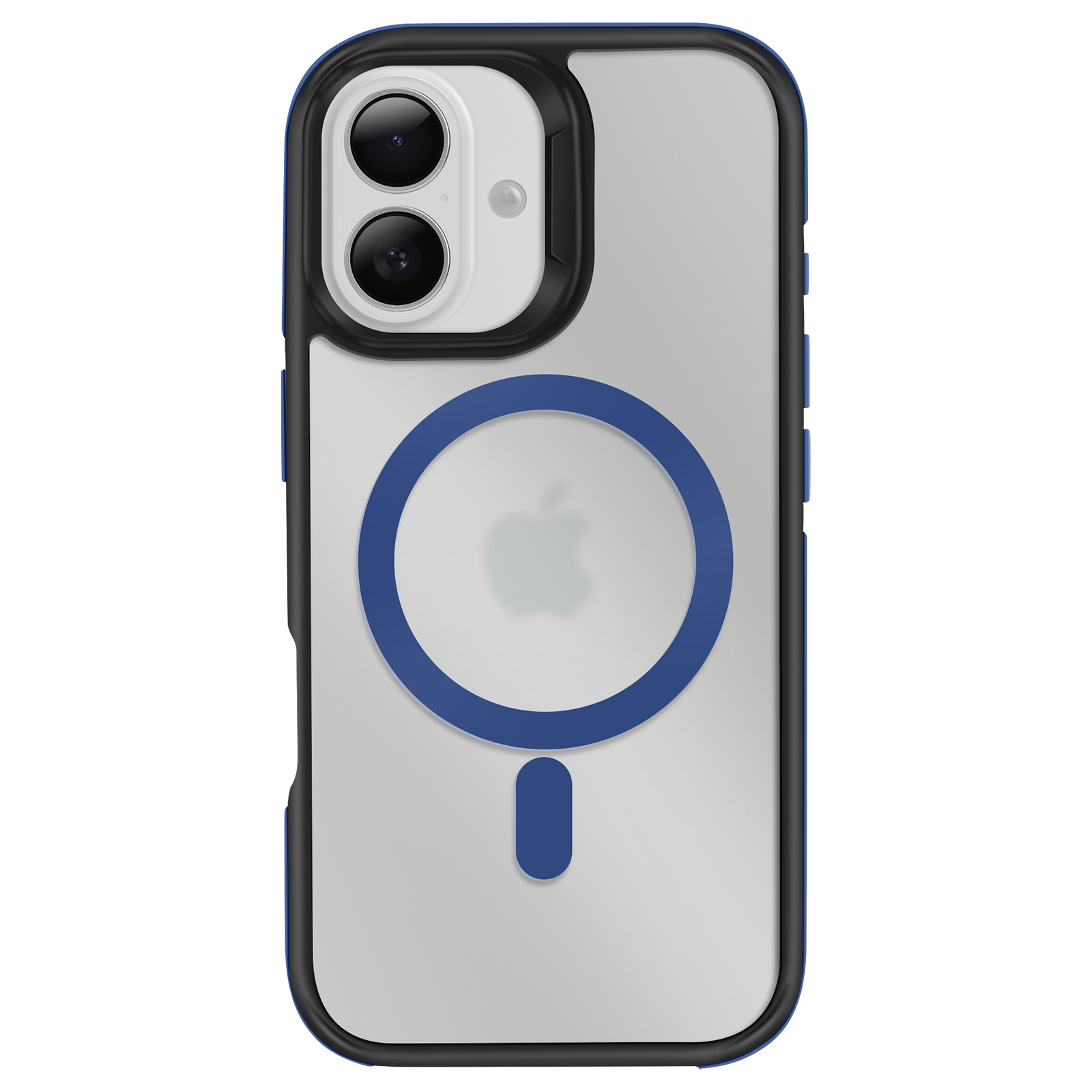 Custodia trasparente per iPhone con anello e striscia blu, cornice nera e logo Apple.