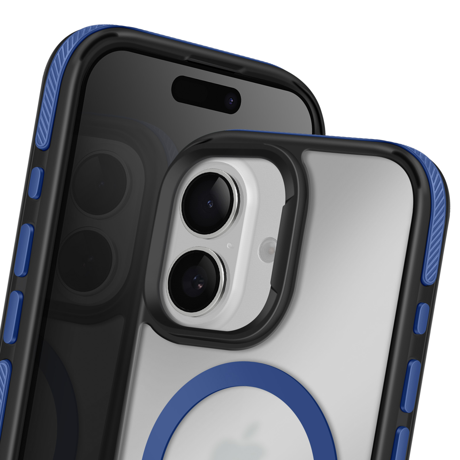 Due smartphone in custodie protettive, uno nero, uno trasparente, con dettagli blu. Fotocamere visibili.