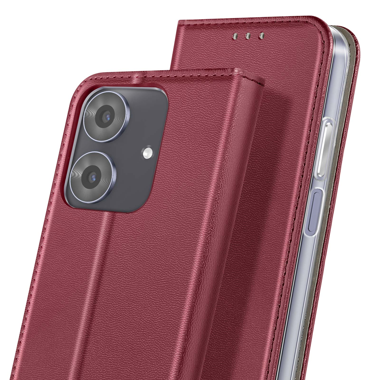 Una custodia per telefono bordeaux con un telefono attaccato, che mostra le lenti della fotocamera. La custodia è aperta.
