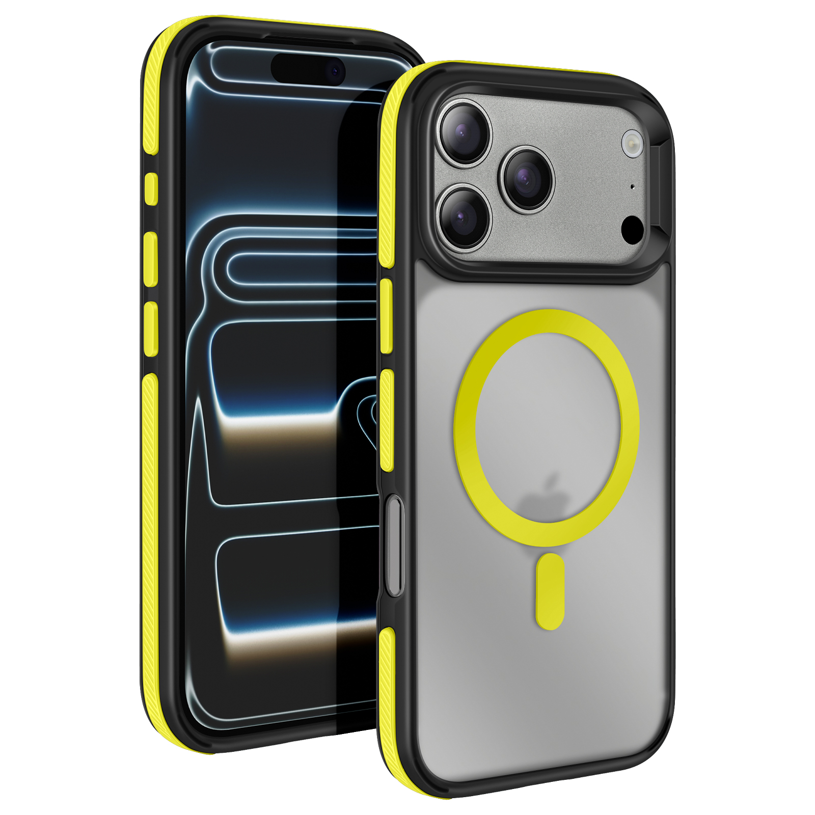 Due iPhone con custodie. Una custodia è nera e gialla, con il logo Apple. L'altro telefono è davanti.