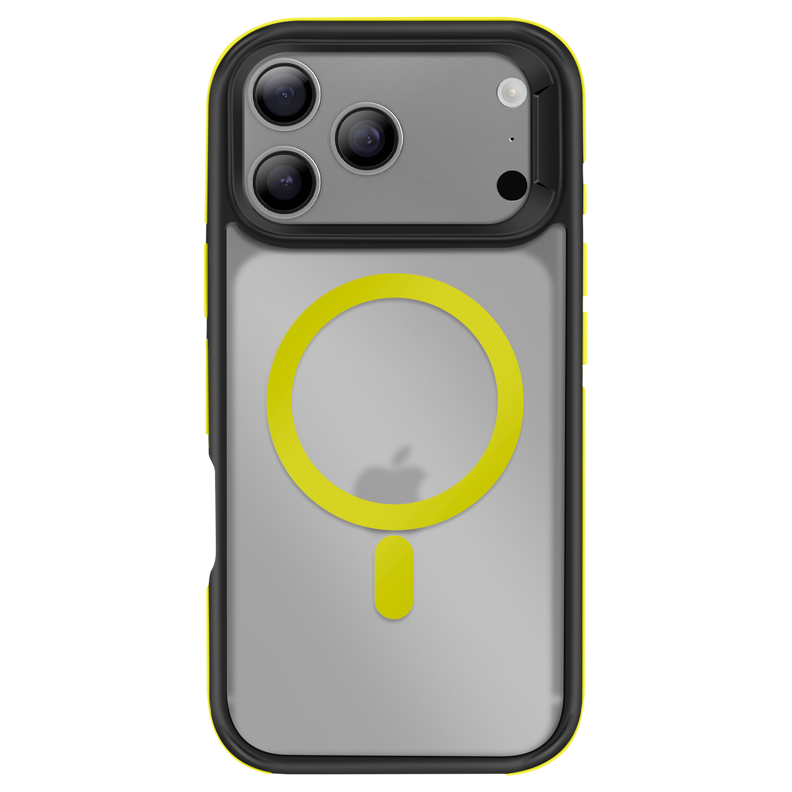 Custodia per telefono con dettagli gialli. Bordo nero intorno al telefono. Tre obiettivi della fotocamera. Cerchio e rettangolo giallo.