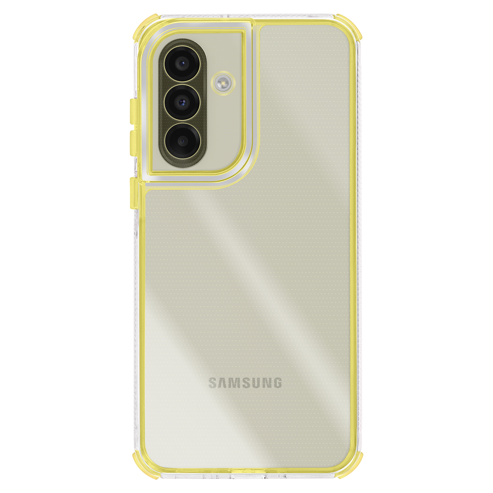 Une coque de téléphone transparente avec un cadre jaune. Le téléphone possède trois objectifs et le logo Samsung est visible.