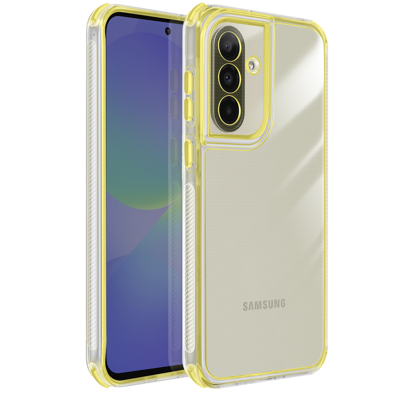 Une coque de téléphone transparente avec bordure jaune sur un téléphone Samsung. La coque a des découpes.
