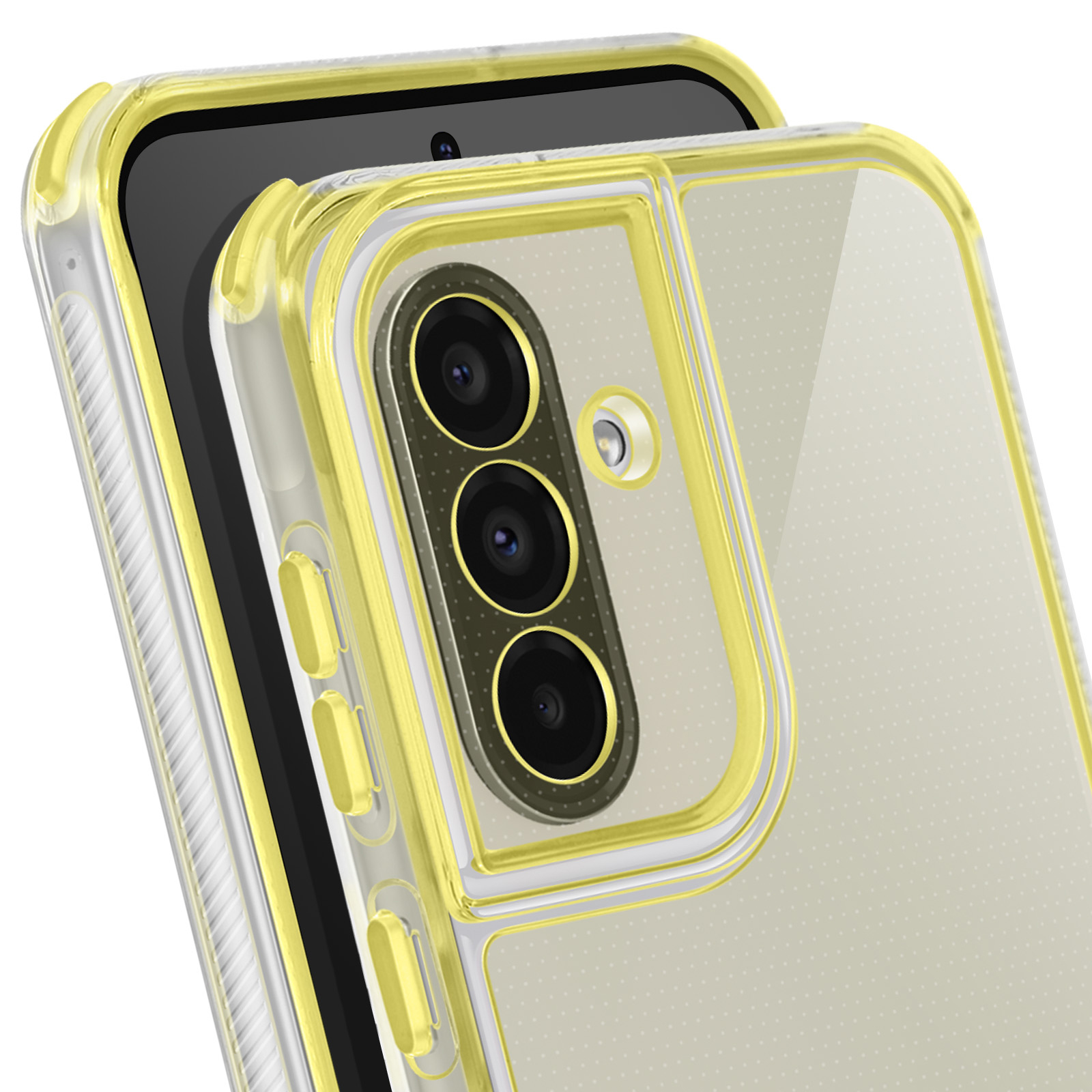 Un téléphone avec une coque transparente et des bords jaunes. Le téléphone a trois objectifs de caméra. Écran noir visible.