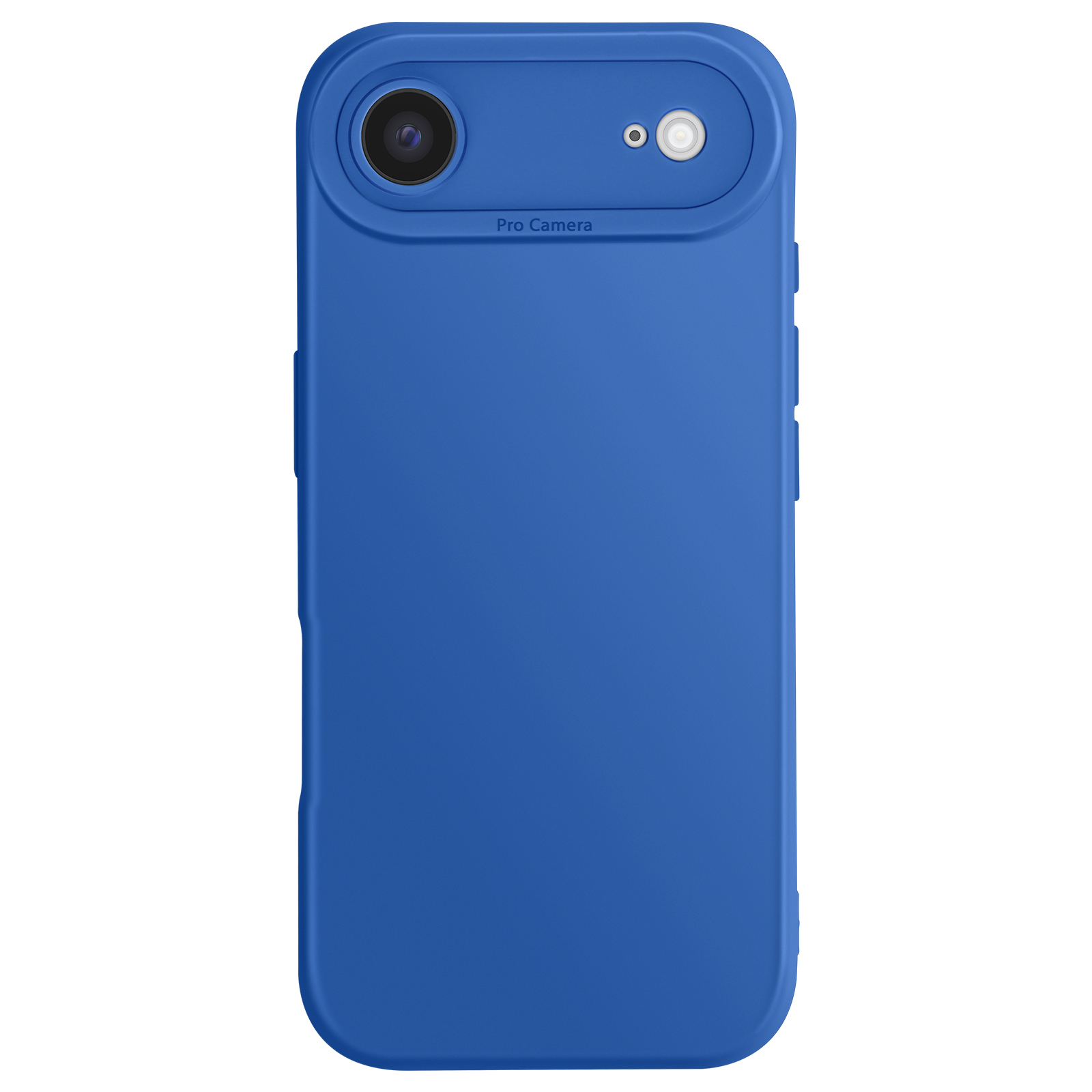 Een blauwe telefoonhoes met een pro camera ontwerp. Het heeft een cameralens en een flitser. De hoes is effen blauw.