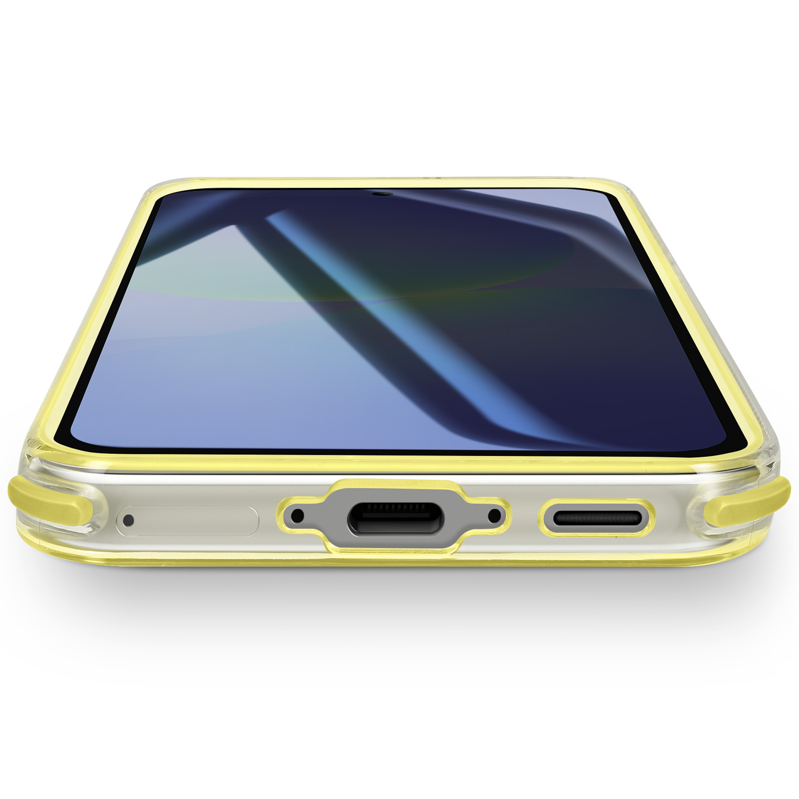 Un smartphone dans une coque jaune est à plat. L'écran est visible, avec un motif bleu et blanc.