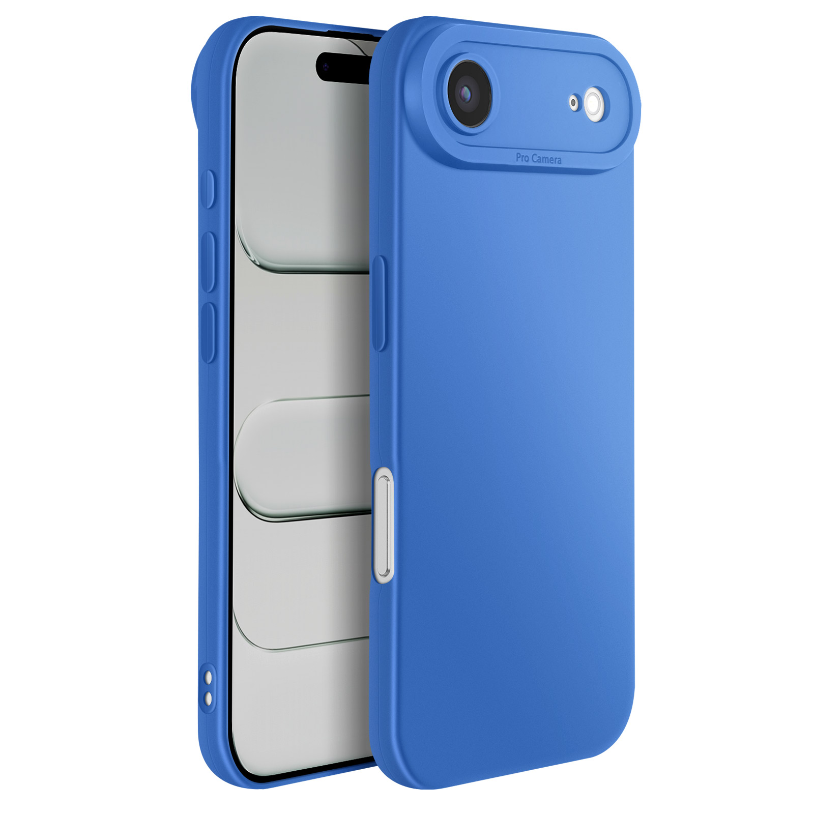 Een blauwe telefoonhoes met een telefoon erin. De hoes heeft een camerabult. Witte achtergrond.