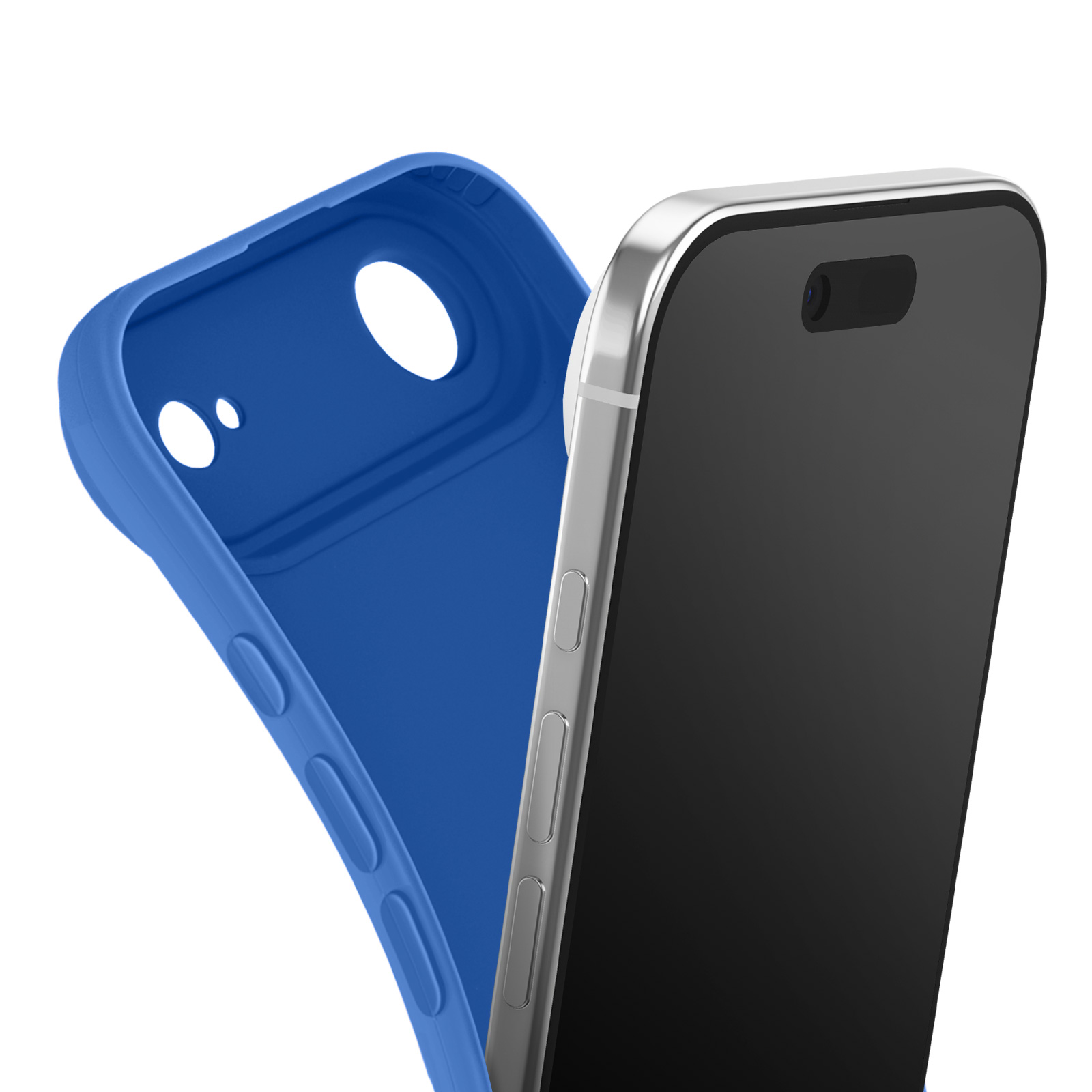 Een smartphone met een zwart scherm zit gedeeltelijk in een blauwe telefoonhoes. De hoes heeft uitsparingen voor knoppen en cameralenzen.