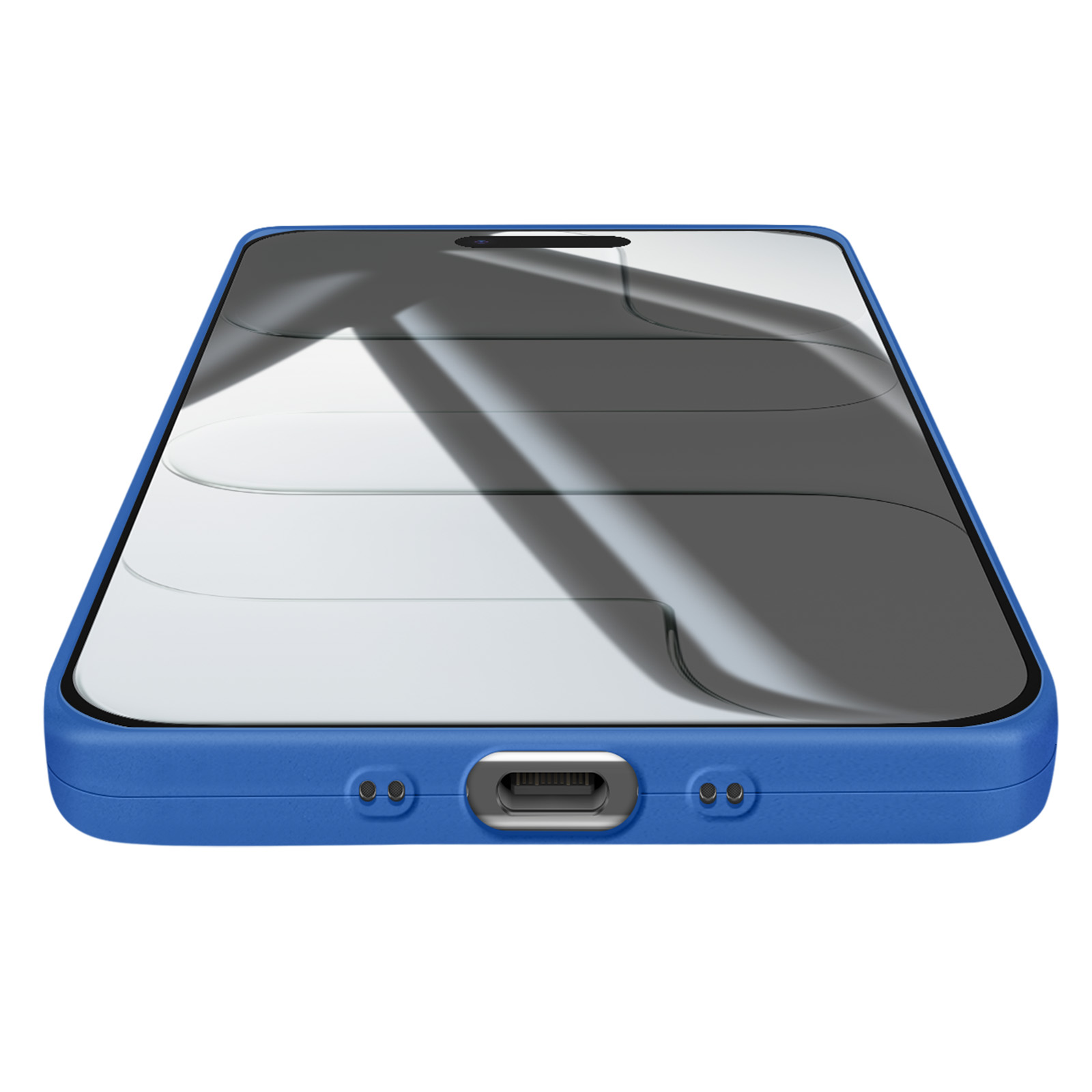 Een blauwe telefoon met een beschermhoes, die licht reflecteert. Het scherm is zichtbaar en toont een gelaagd ontwerp.