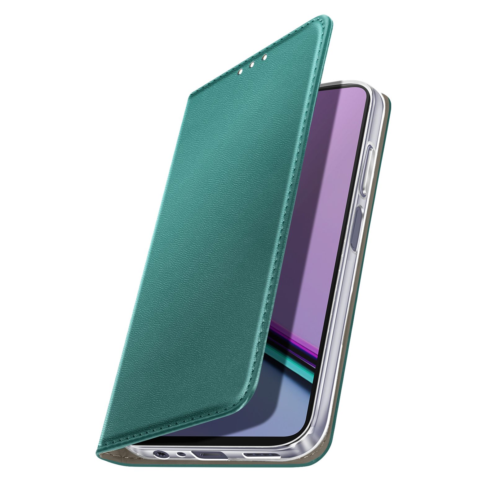 Una custodia per telefono color verde acqua è aperta, rivelando un telefono. La custodia è simile alla pelle. Lo schermo del telefono ha un design viola e blu.