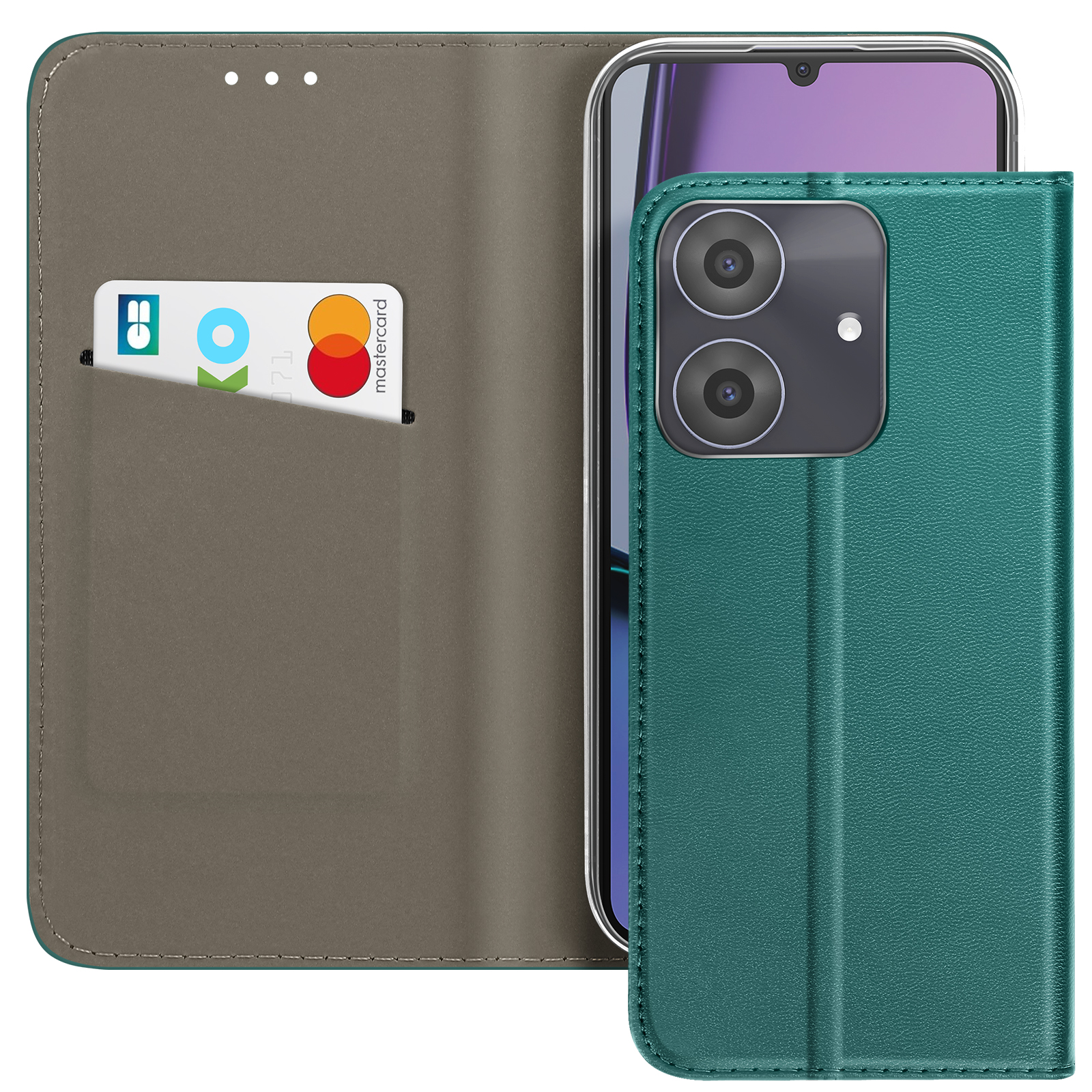 Una custodia per telefono verde acqua con un telefono all'interno. Una carta di credito è in una tasca. Il telefono ha due fotocamere.