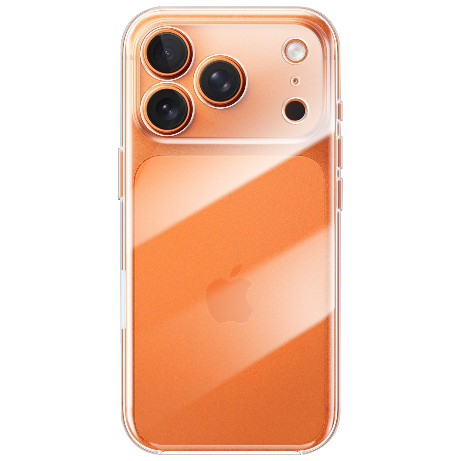 Een oranje telefoonhoesje met een transparante rand. Het heeft een cameragedeelte met vier lenzen en een Apple-logo.