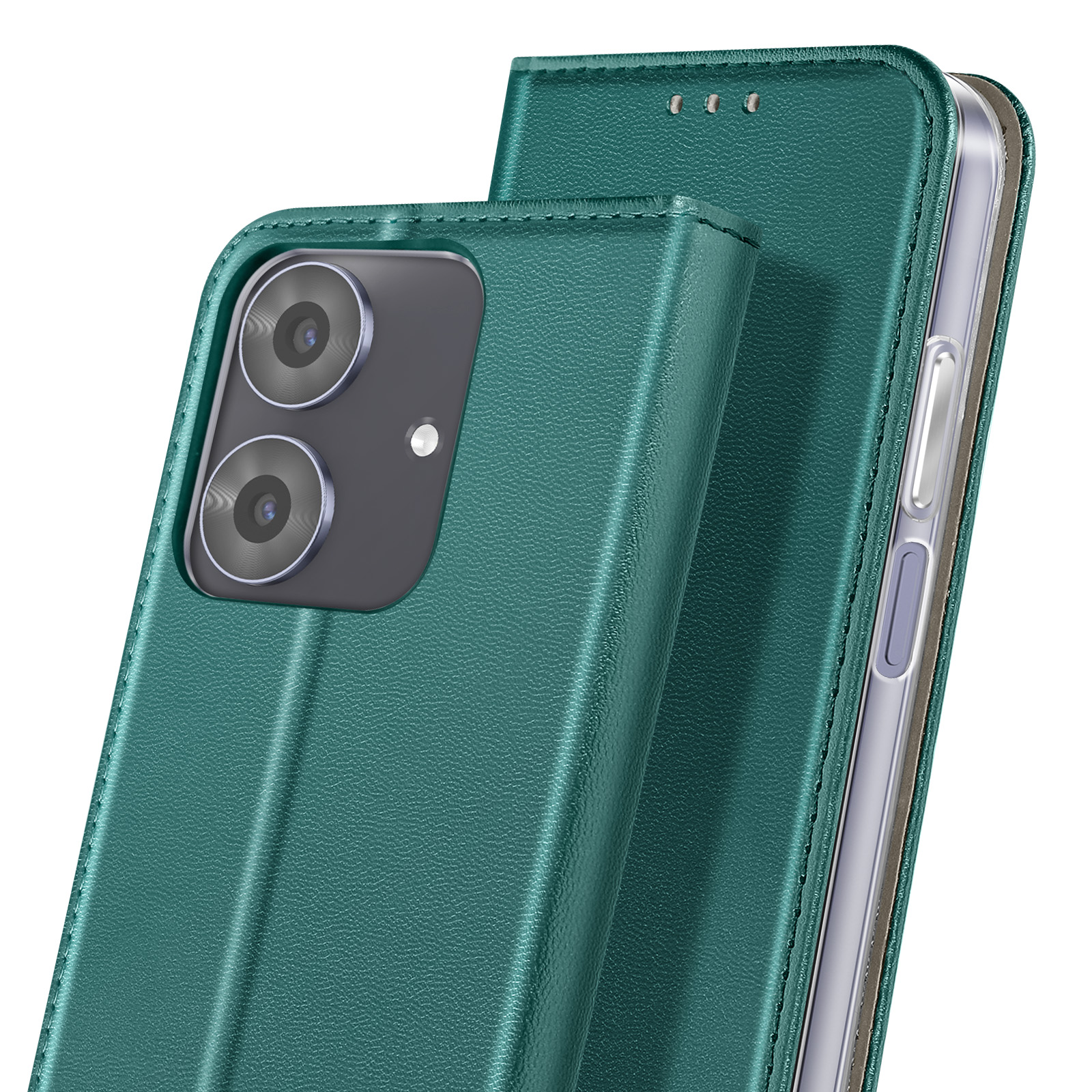 Custodia per telefono in pelle verde, aperta. Visibili le fotocamere, i pulsanti e i dettagli delle cuciture. Sfondo bianco.