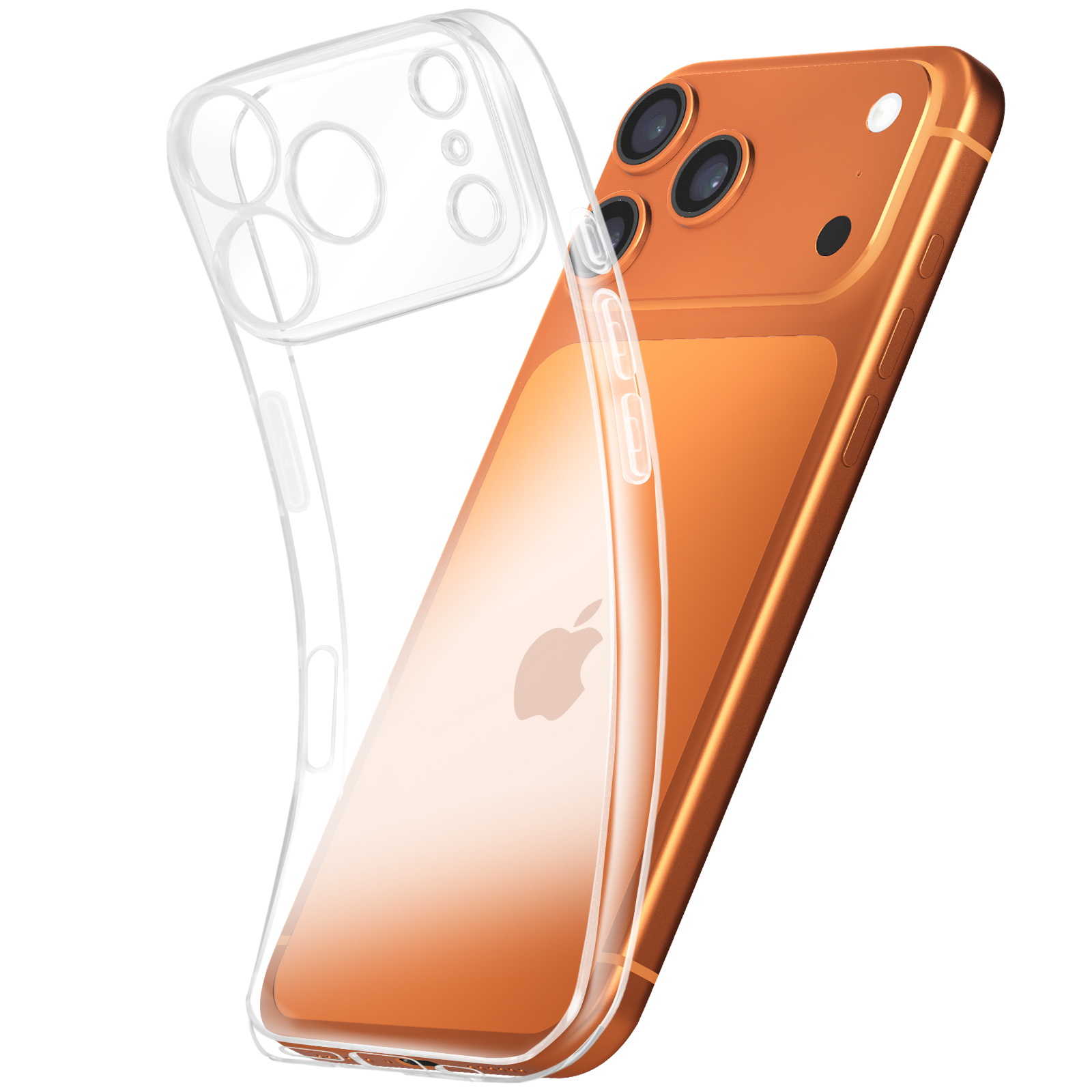 Een oranje iPhone met een doorzichtige hoes wordt getoond op een witte achtergrond. De telefoon heeft drie camera's.