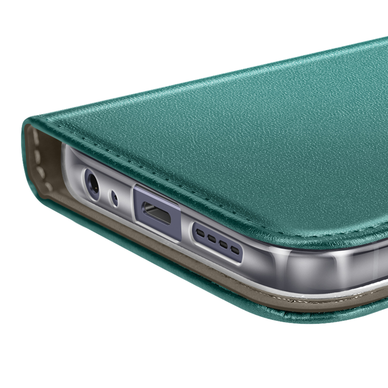 Primo piano di una custodia per telefono verde acqua. Sono visibili la porta di ricarica e gli altoparlanti. La custodia ha una texture in pelle.