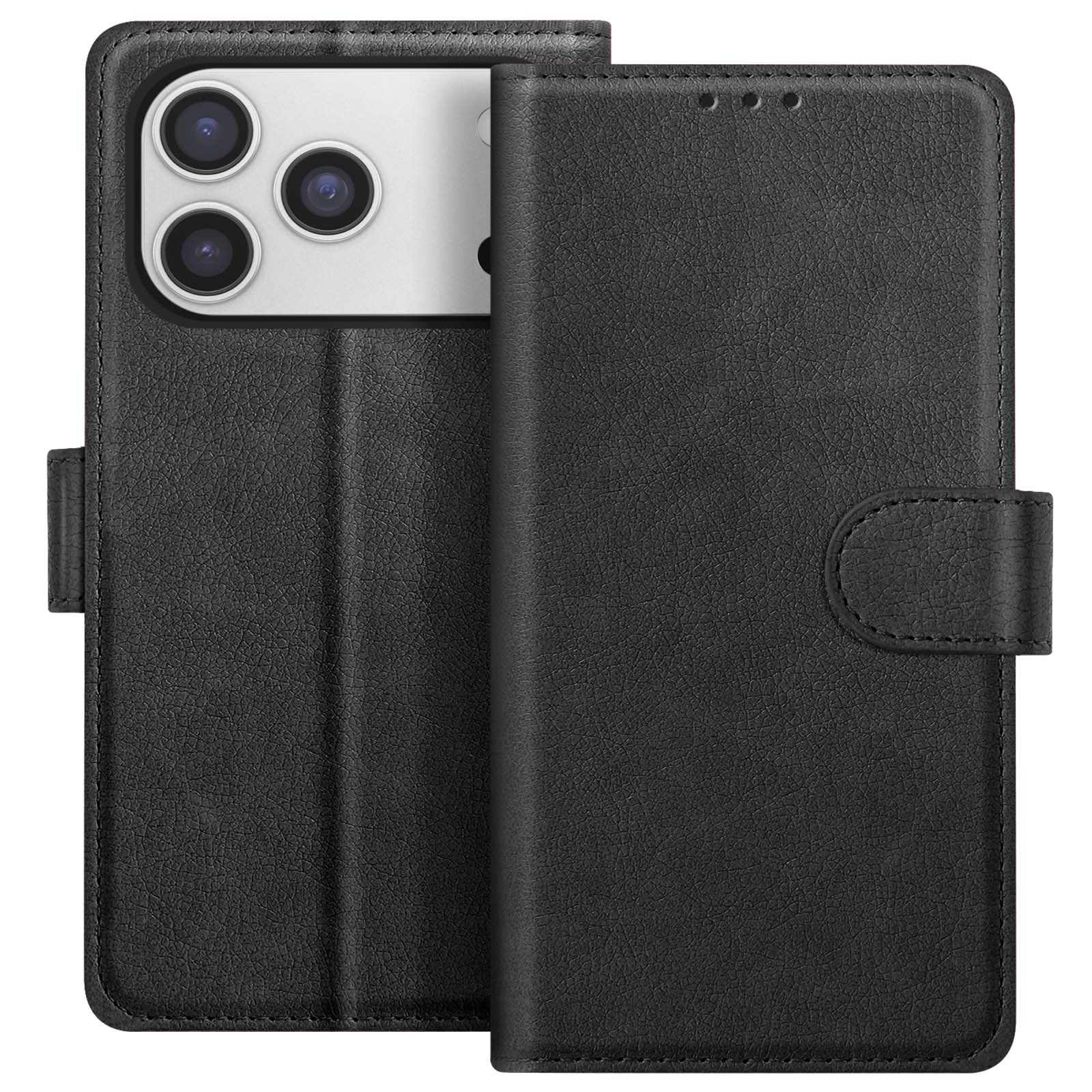 Custodia per telefono in pelle nera con telefono parzialmente all'interno. La custodia ha una chiusura magnetica.