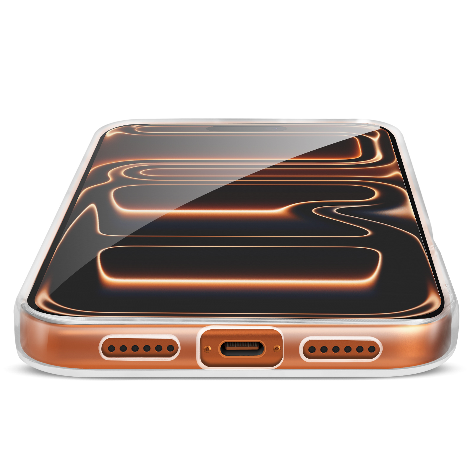 Een telefoonhoesje met een gloeiend patroon wordt weergegeven op een witte achtergrond. De hoes heeft een doorzichtige rand en oranje accenten.