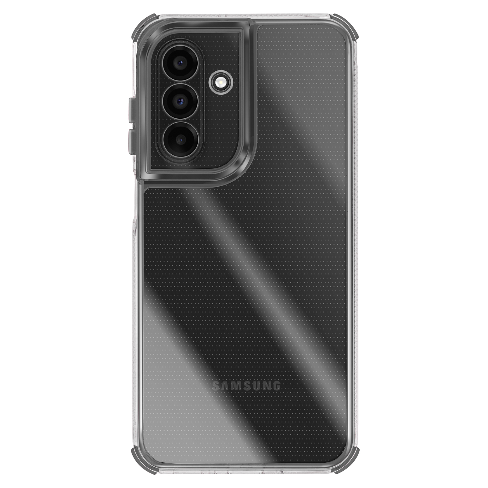 Custodia trasparente per telefono con motivo a pois neri sul retro. Ha 3 fotocamere e un flash.