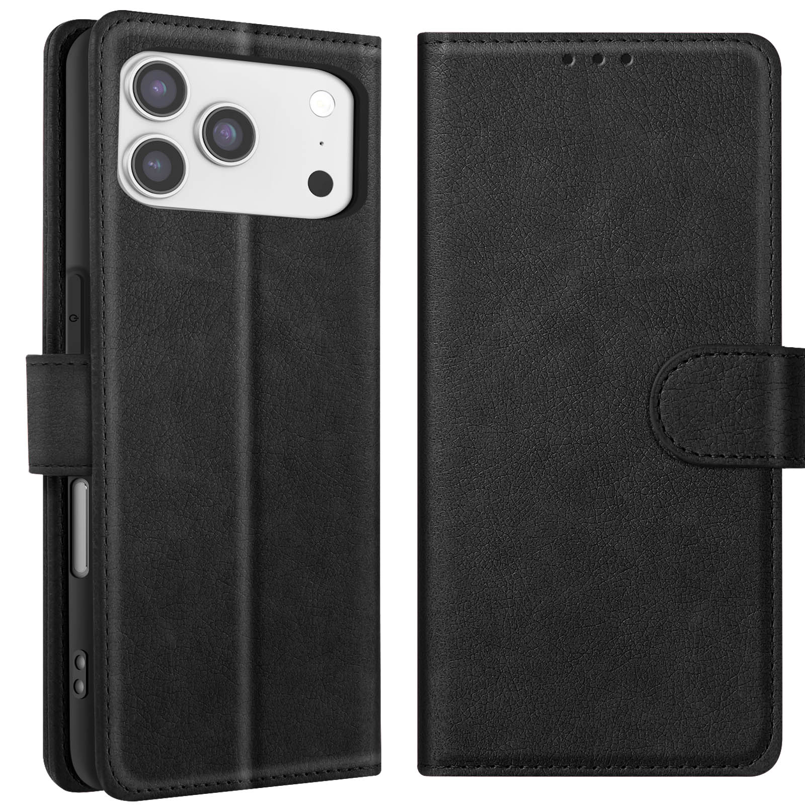 Custodia per telefono in pelle nera, aperta. Mostra il telefono con lenti della fotocamera e copertina con chiusura a bottone.