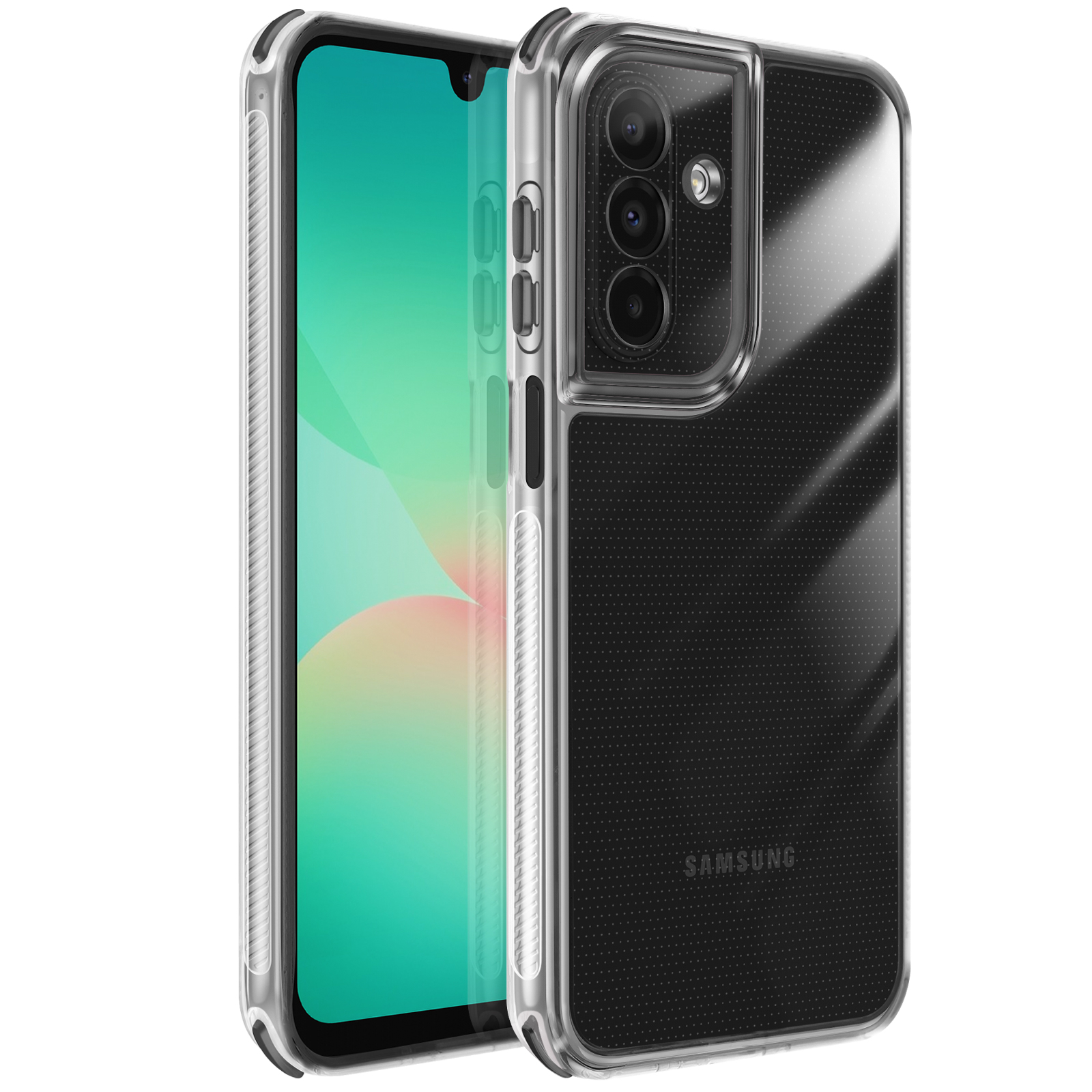 Una custodia trasparente per telefono che mostra uno smartphone. La custodia ha un retro trasparente con un motivo a pois e una cornice trasparente.