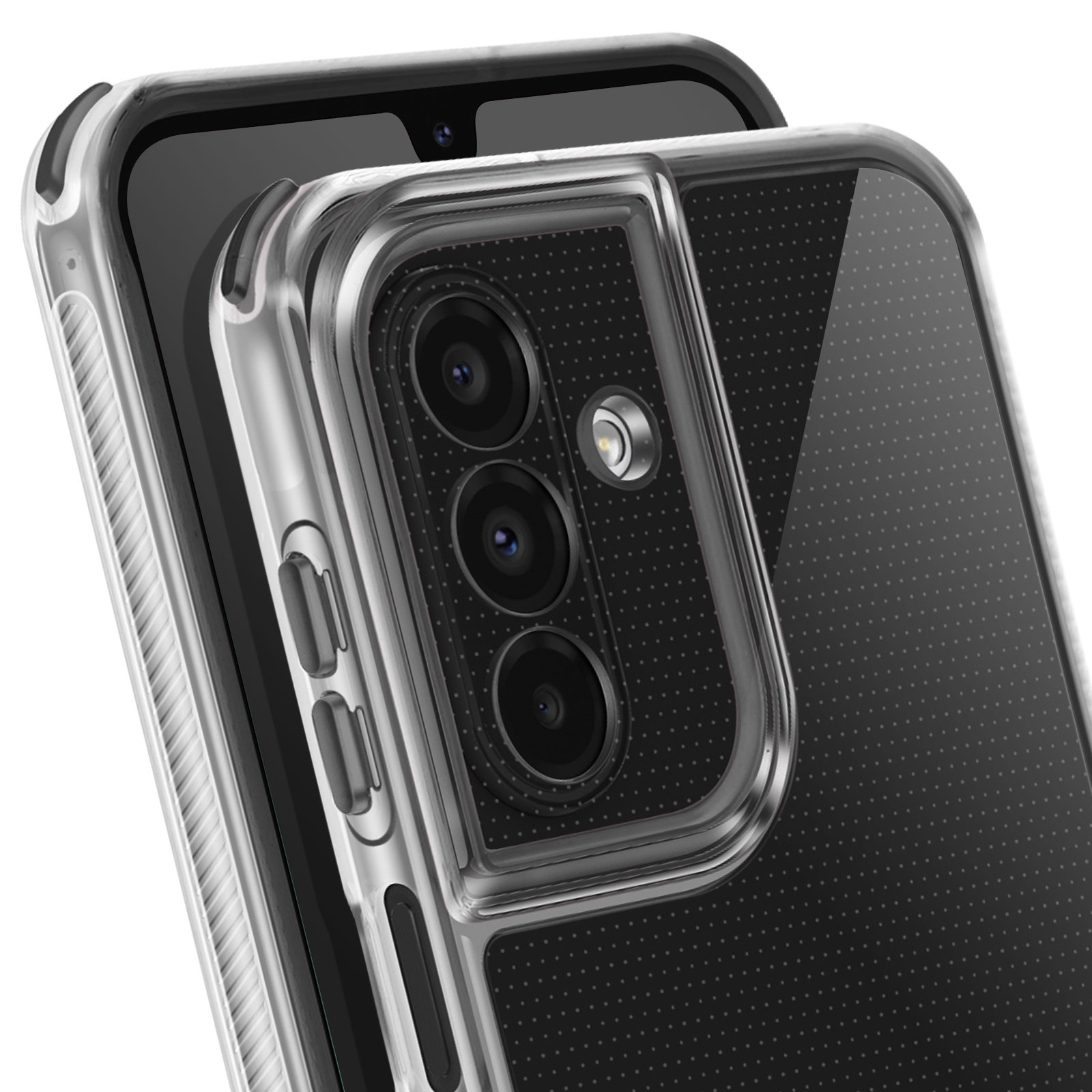 Primo piano di un telefono con custodia trasparente. La custodia mostra la fotocamera e i pulsanti. Il telefono è nero.