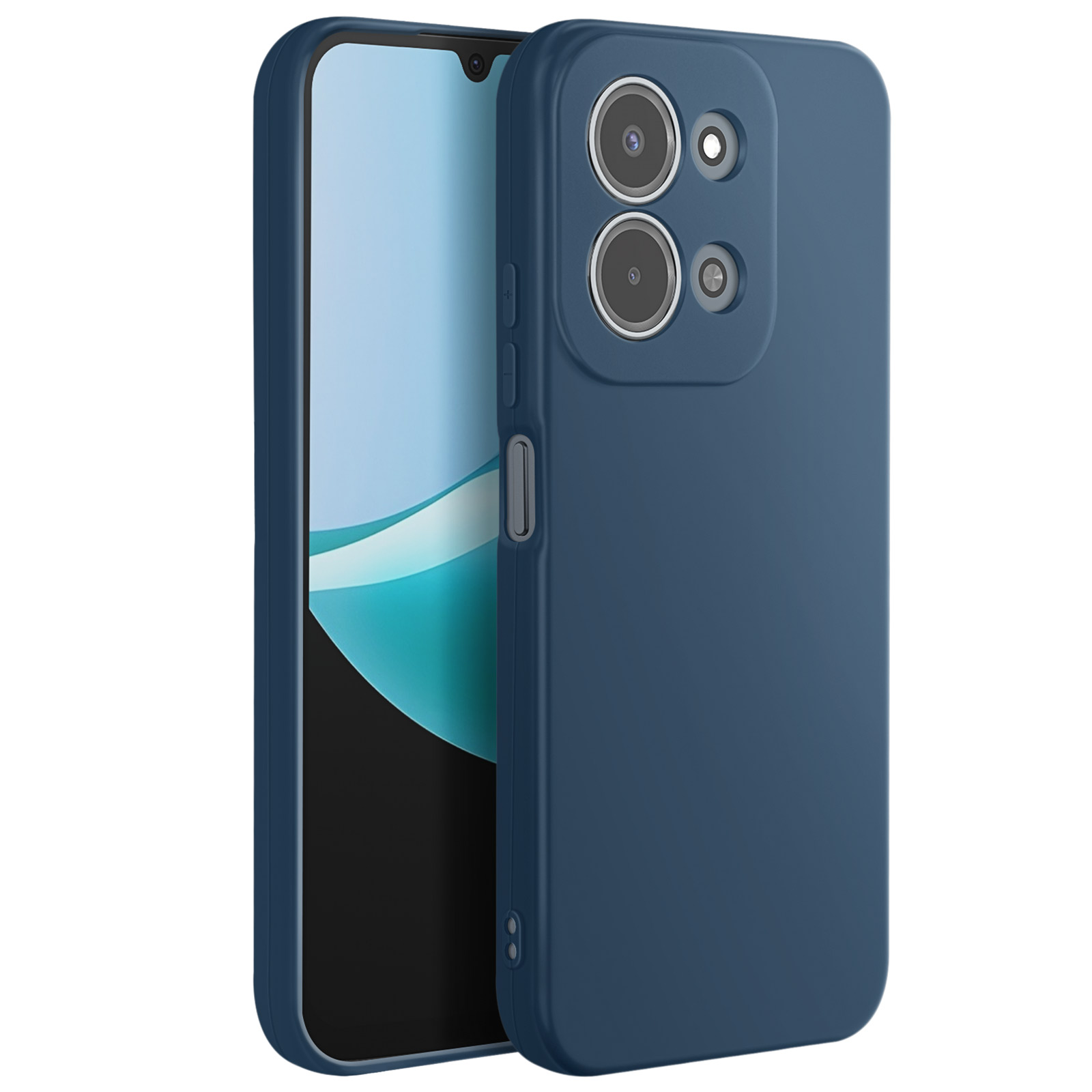 Ein blaues Smartphone in einer passenden Hülle wird gezeigt. Der Bildschirm des Telefons ist sichtbar, und die Hülle hat Kameraausschnitte.