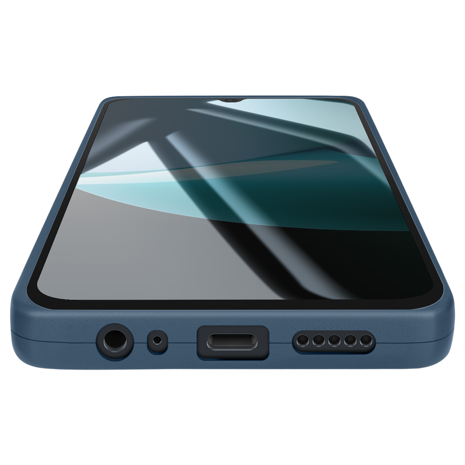 Ein dunkelblaues Smartphone mit reflektierendem Bildschirm. Das Telefon liegt leicht angewinkelt auf einer weißen Oberfläche.