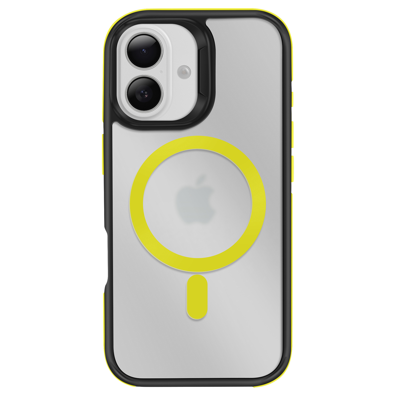 Una custodia trasparente per telefono con dettagli neri e gialli. Ha un cerchio giallo con un logo Apple.