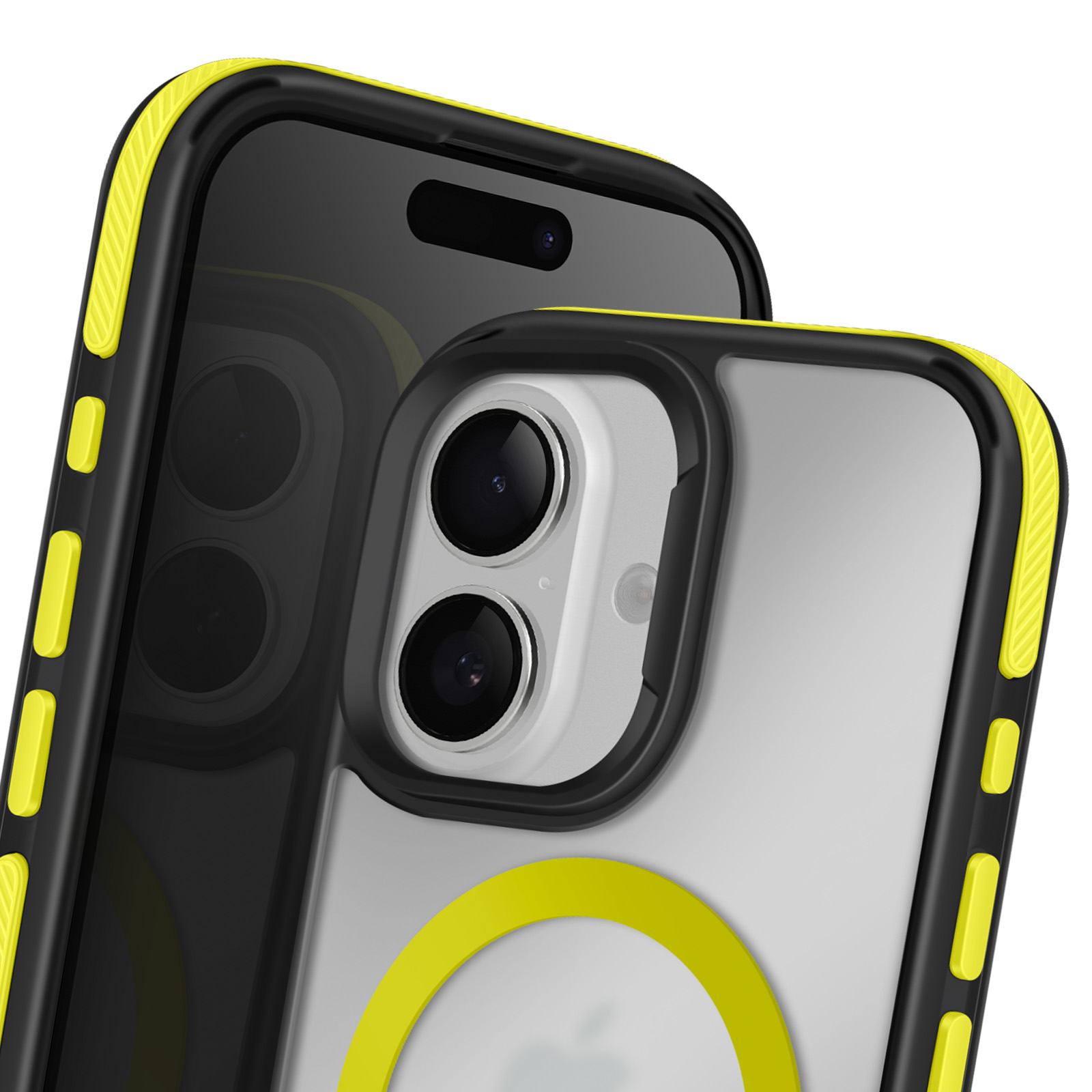 Due smartphone in custodie protettive. Custodie nere e trasparenti con dettagli gialli.