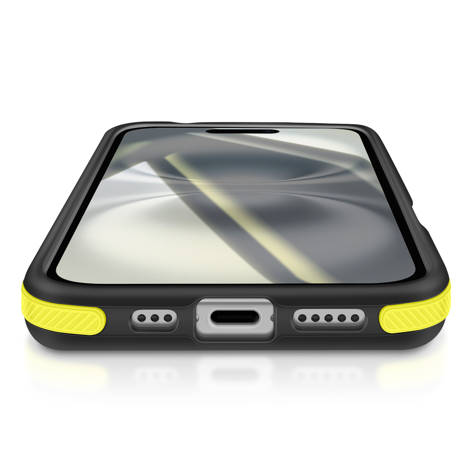 Uno smartphone nero in una custodia protettiva con dettagli gialli. Lo schermo riflette un design astratto chiaro.
