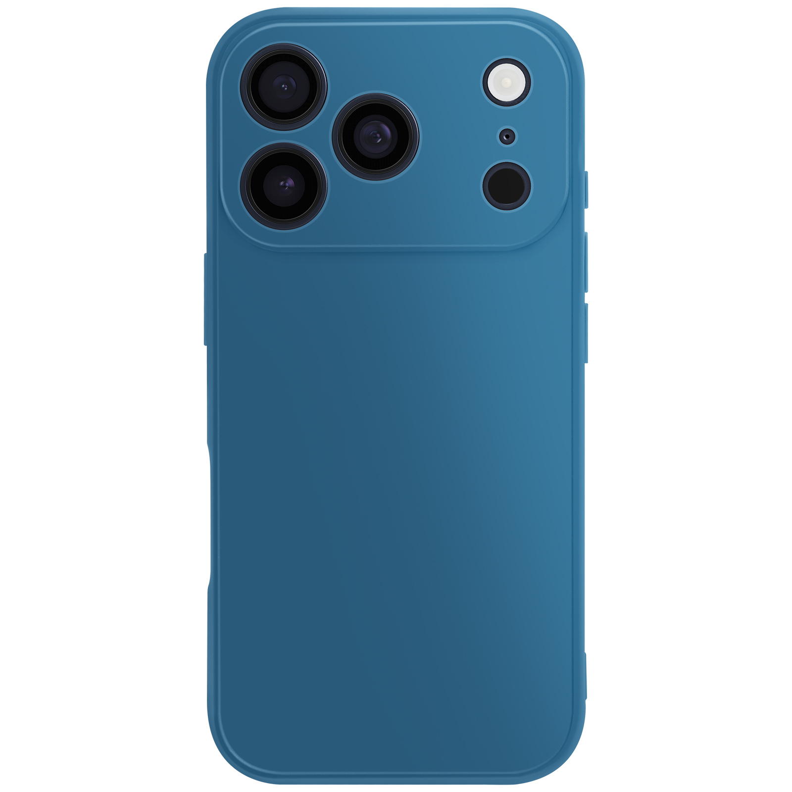 Retro di uno smartphone verde acqua con più lenti della fotocamera, flash e pulsanti su sfondo bianco.