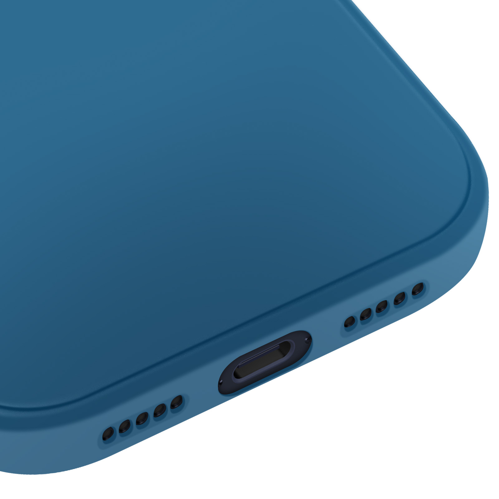 Primo piano di una custodia blu per telefono. Il bordo inferiore presenta fori per altoparlanti e una porta di ricarica, su sfondo bianco.