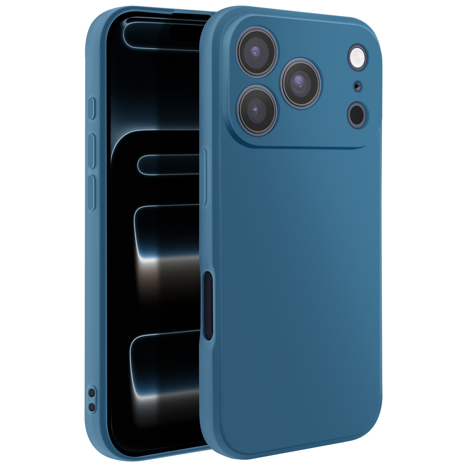 Una custodia blu per telefono con un telefono all'interno. La custodia ha tre obiettivi e un flash. Lo schermo del telefono è nero.