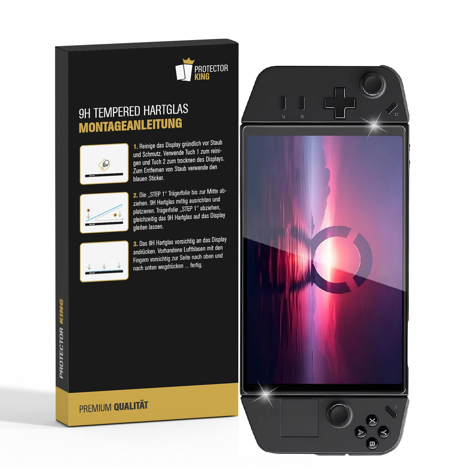 Schwarzes telefonähnliches Gerät mit Bildschirm und Controllertasten neben einer Box mit Anweisungen für Displayschutz.