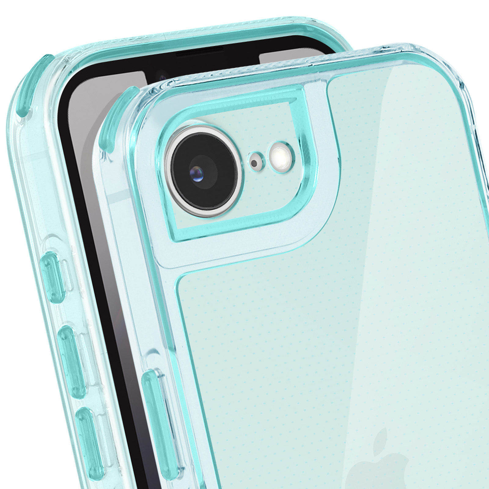 Una custodia trasparente per telefono con una tinta azzurra è su un telefono. La fotocamera e il flash sono visibili.