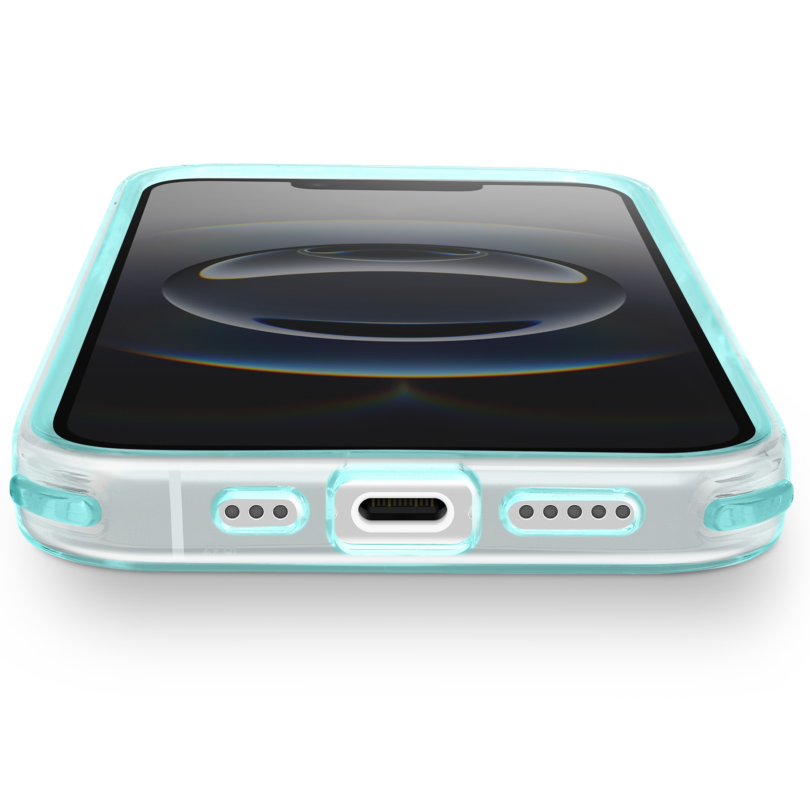 Primo piano di uno smartphone in una custodia trasparente con bordo turchese. Lo schermo è scuro, con una porta di ricarica visibile.