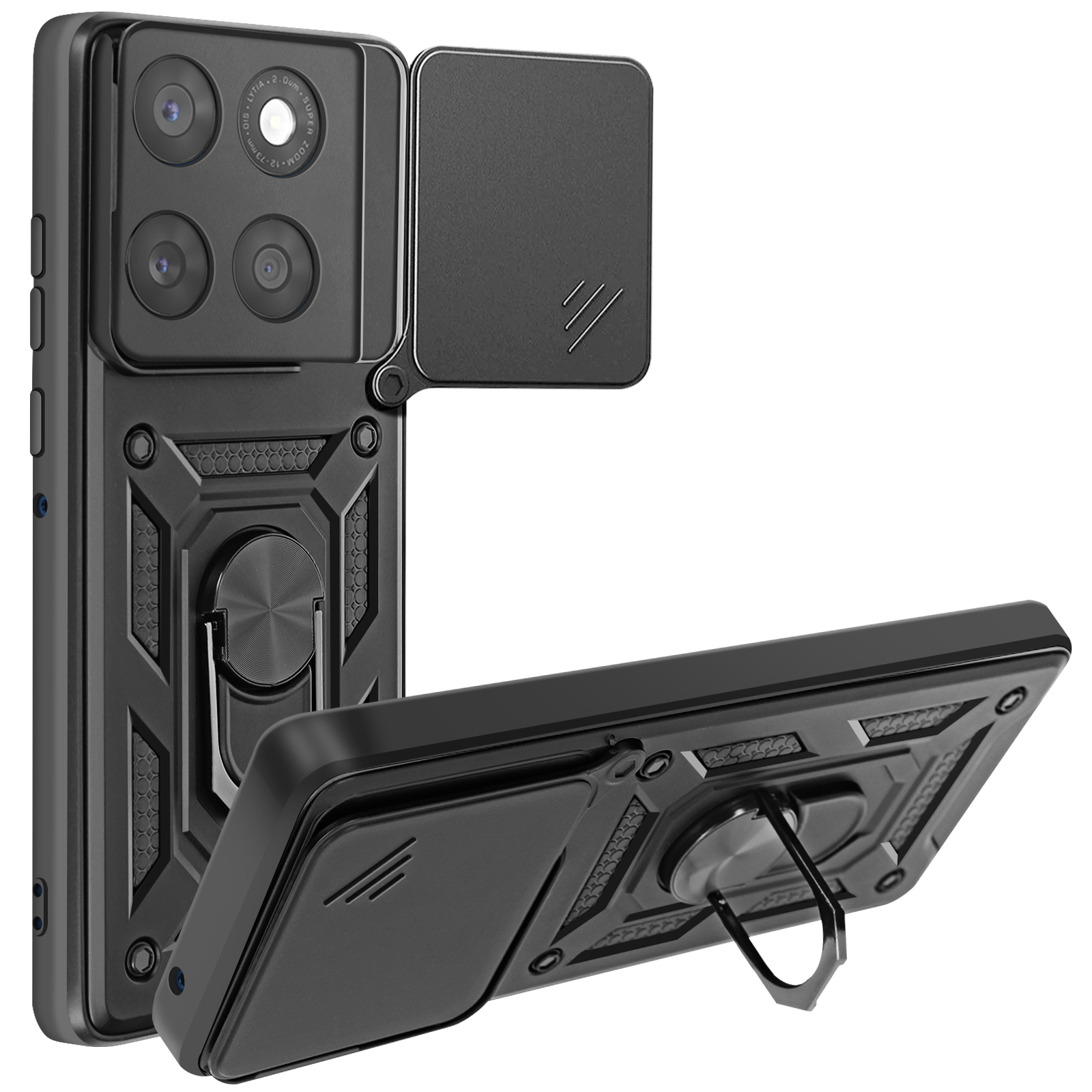 Zwarte telefoonhoes met camerabeschermer. De hoes heeft een ringhouder en een standaard. Op witte achtergrond.