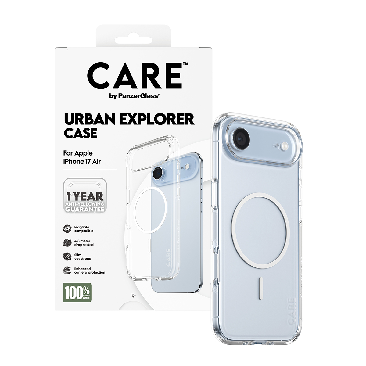 Care'den iPhone 17 Air için şeffaf telefon kılıfı. Kutu, kılıftaki telefon ve yedek kılıf, beyaz arka planı içerir.