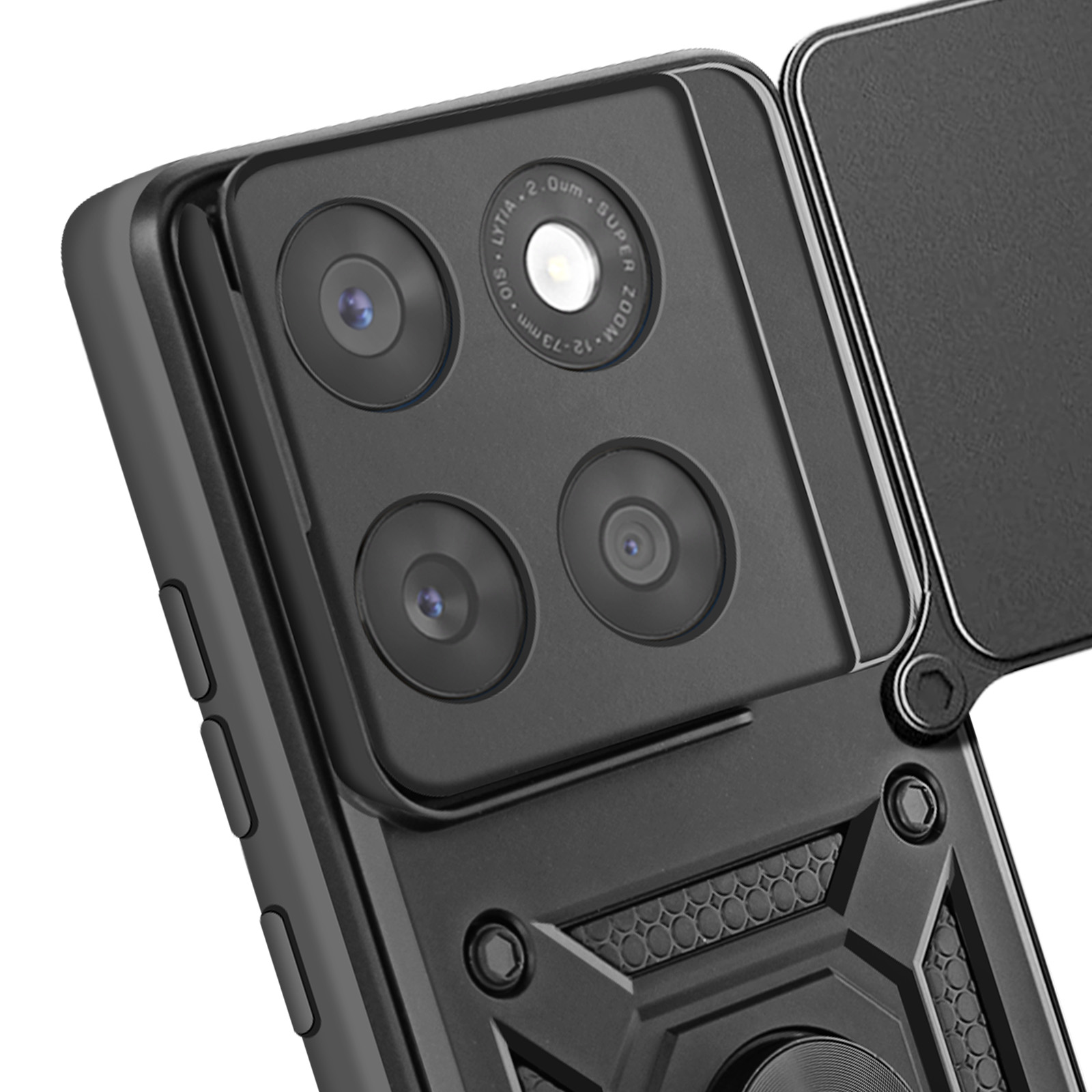 Zwarte telefoonhoes met meerdere cameralenzen. De hoes heeft een ringhouder en een uitklapgedeelte.